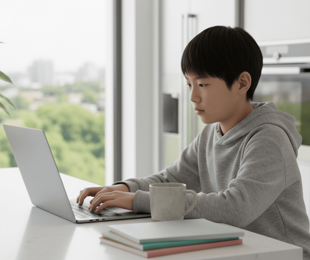 child on laptop doing math with Matarus