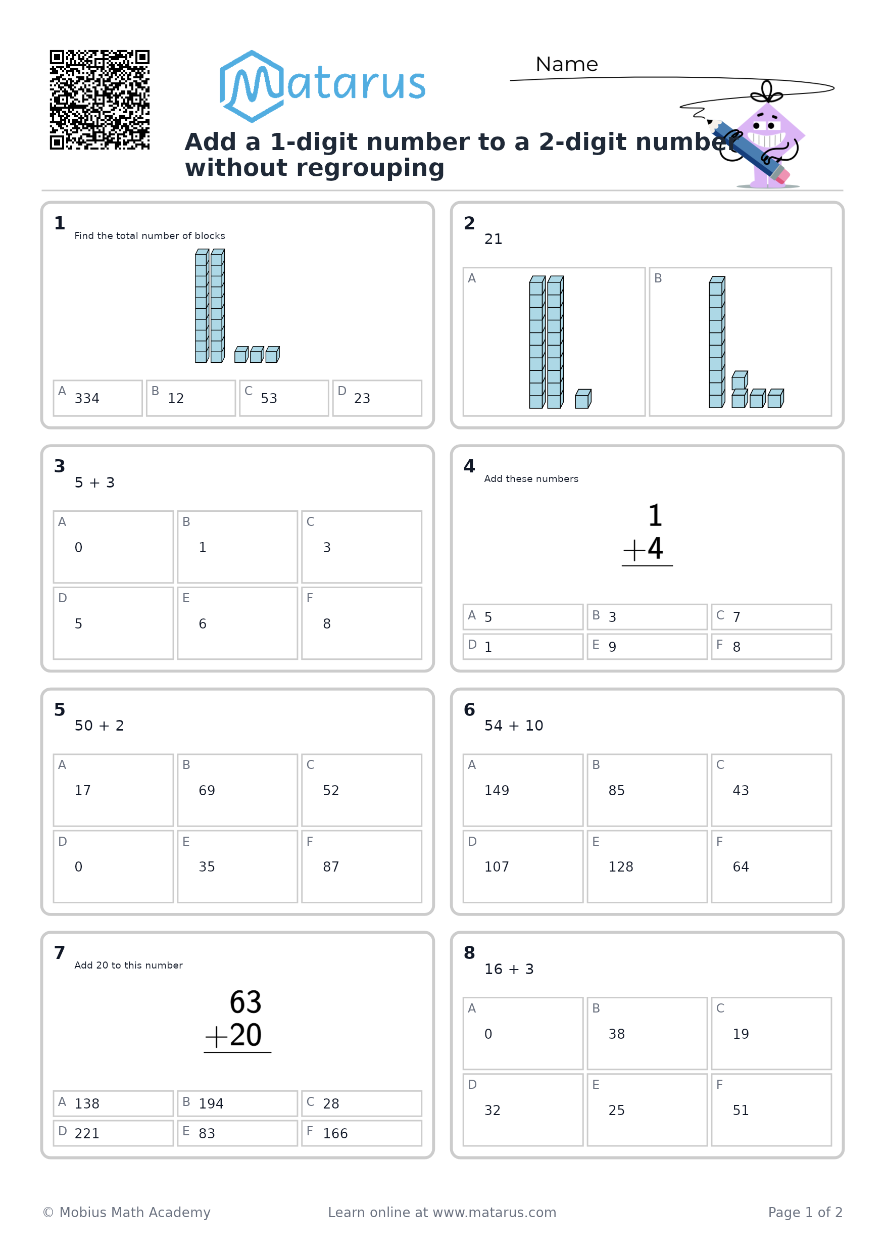 Free downloadable worksheet on grade 2 - Addition and Subtraction