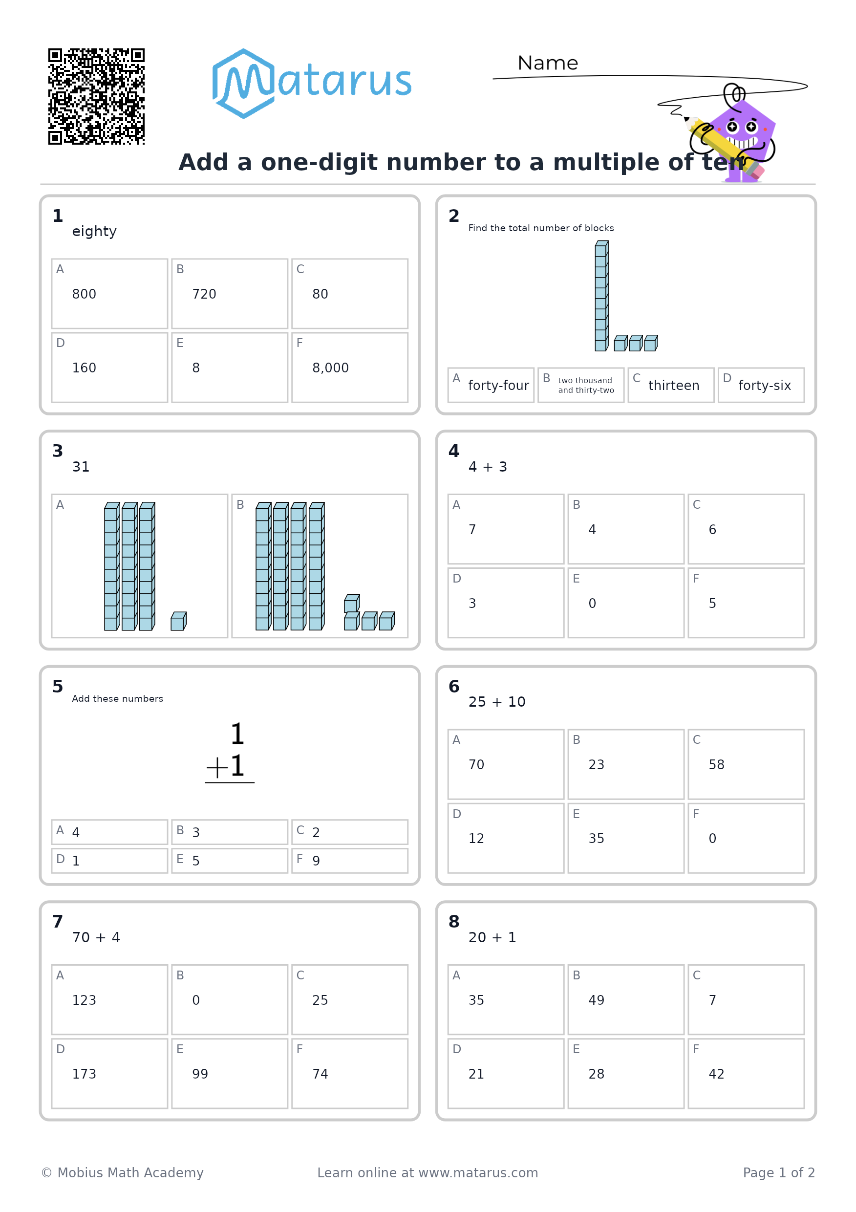 Free downloadable worksheet on grade 1 - Addition and Subtraction