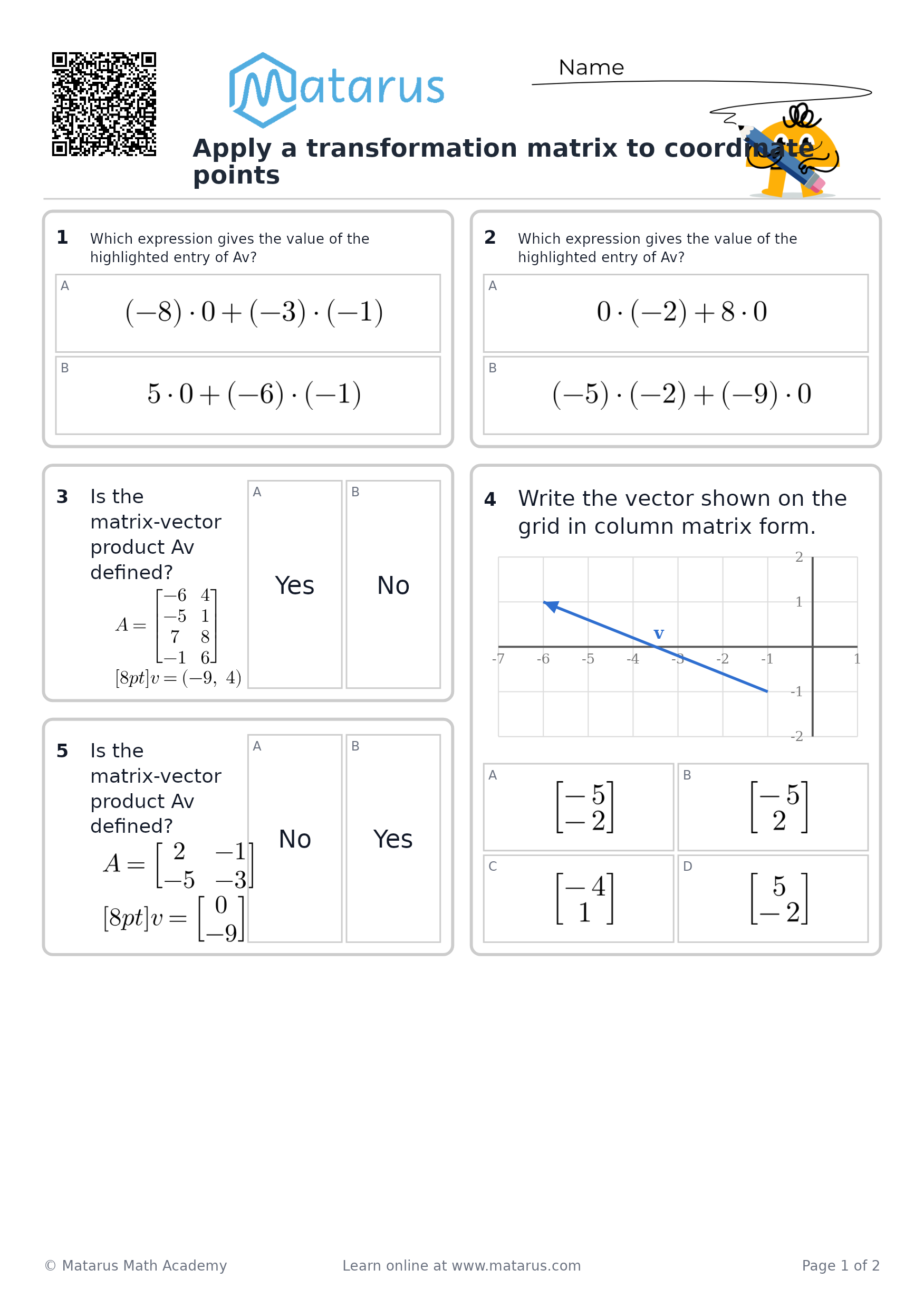 Free downloadable worksheet on grade 12 - Matrices