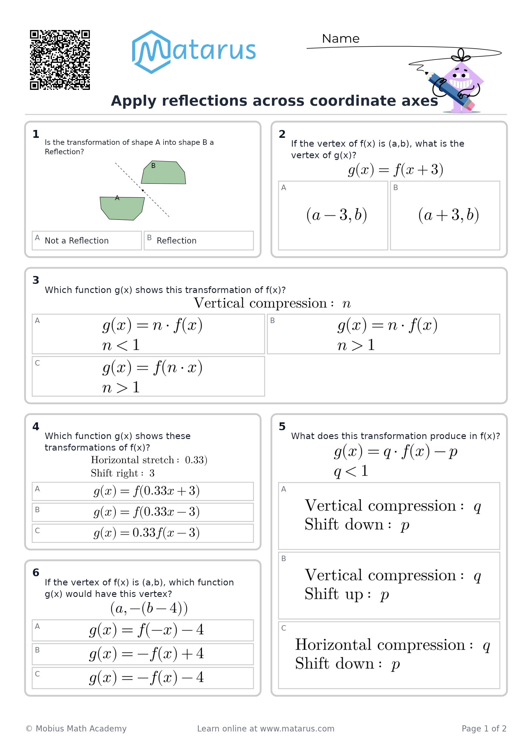 Free downloadable worksheet on grade 12 - Function Transformations and Compositions