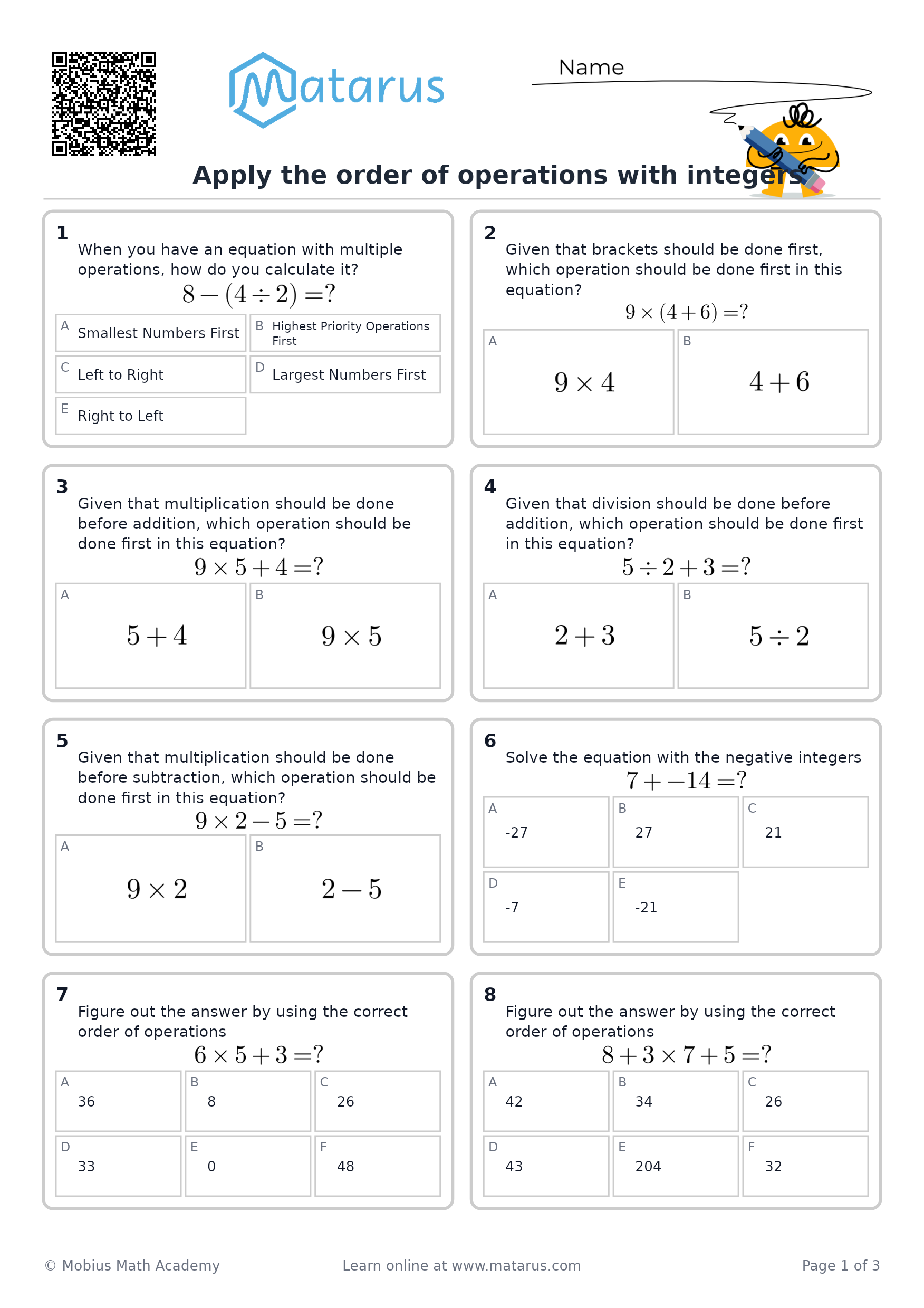 Free downloadable worksheet on grade 7 - Integers and Rational Numbers