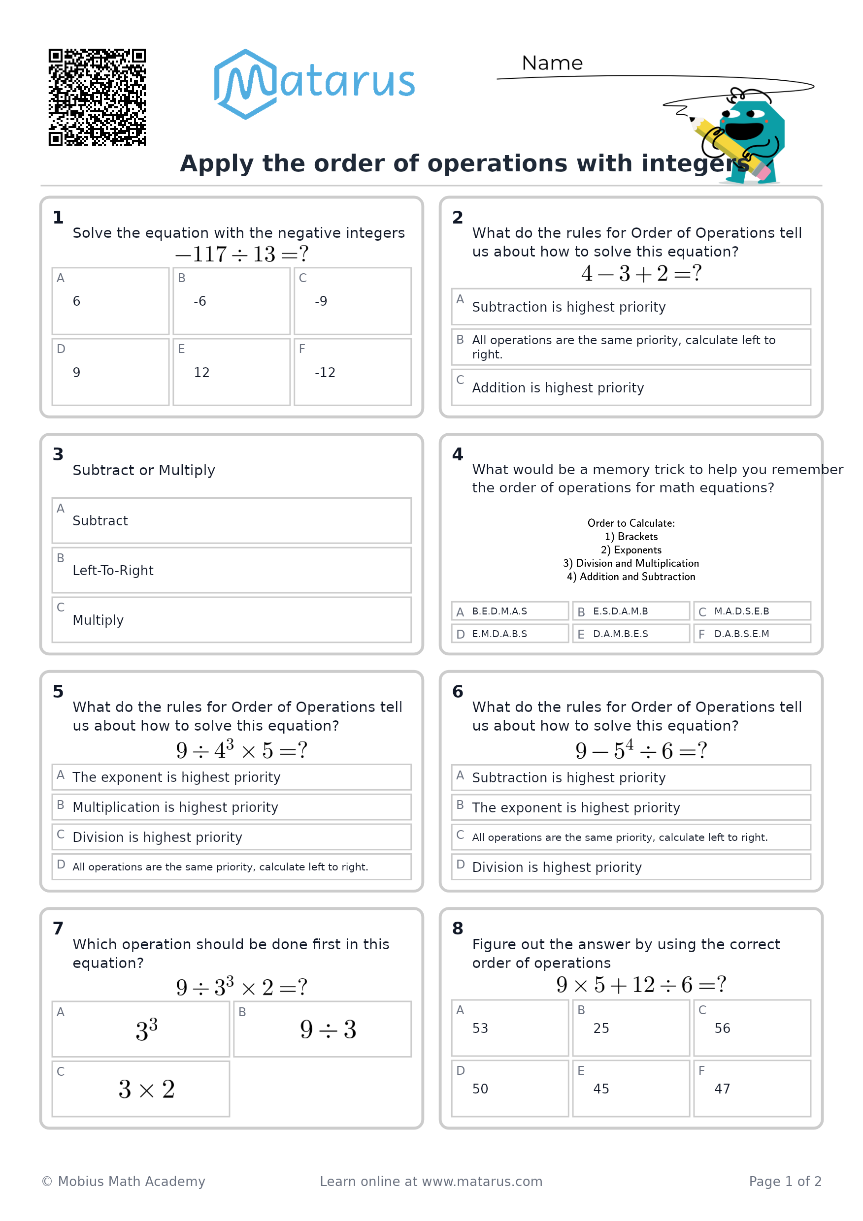Free downloadable worksheet on grade 8 - Integers and Rational Numbers