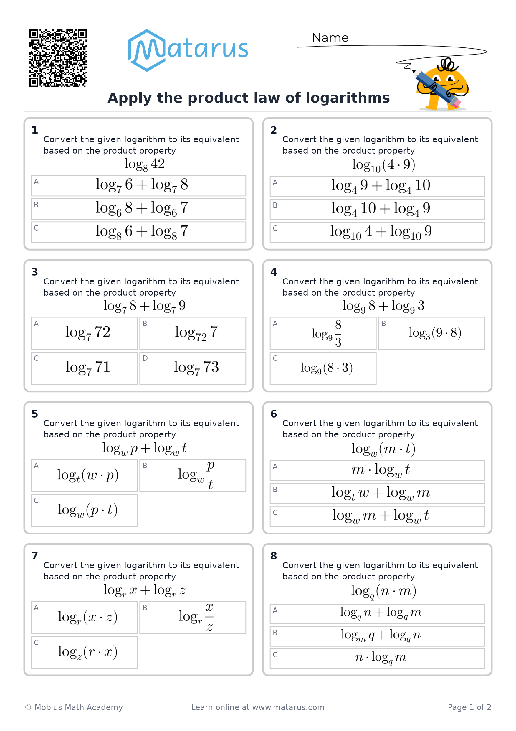 Free downloadable worksheet on grade 11 - Logarithmic Concepts