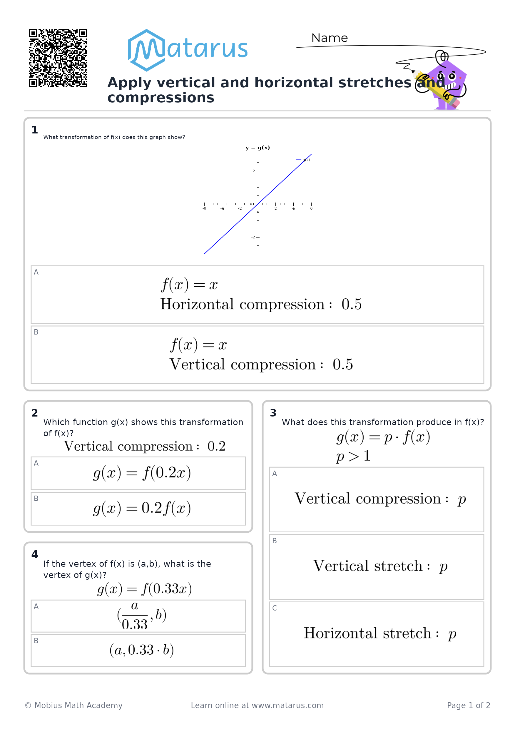 Free downloadable worksheet on grade 12 - Function Transformations and Compositions