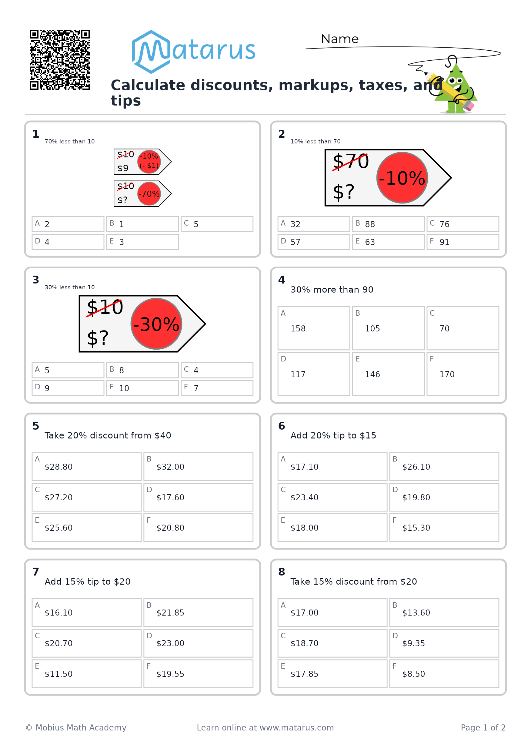 Free downloadable worksheet on grade 8 - Probability and Financial Literacy