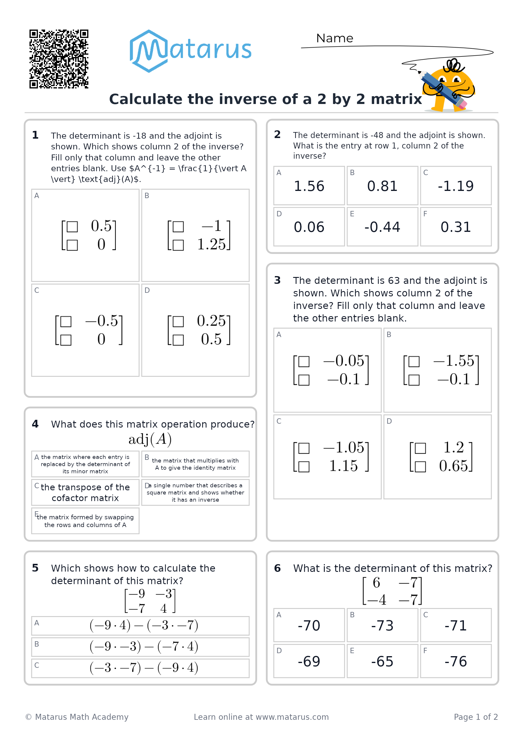 Free downloadable worksheet on grade 12 - Matrices