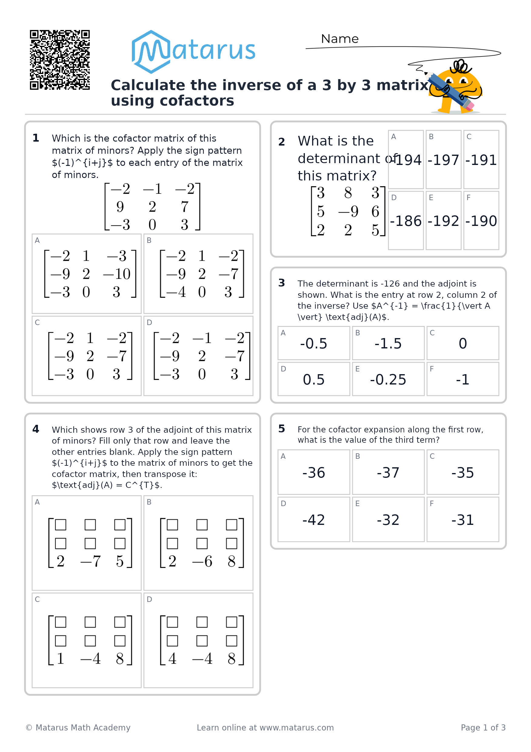 Free downloadable worksheet on grade 12 - Matrices