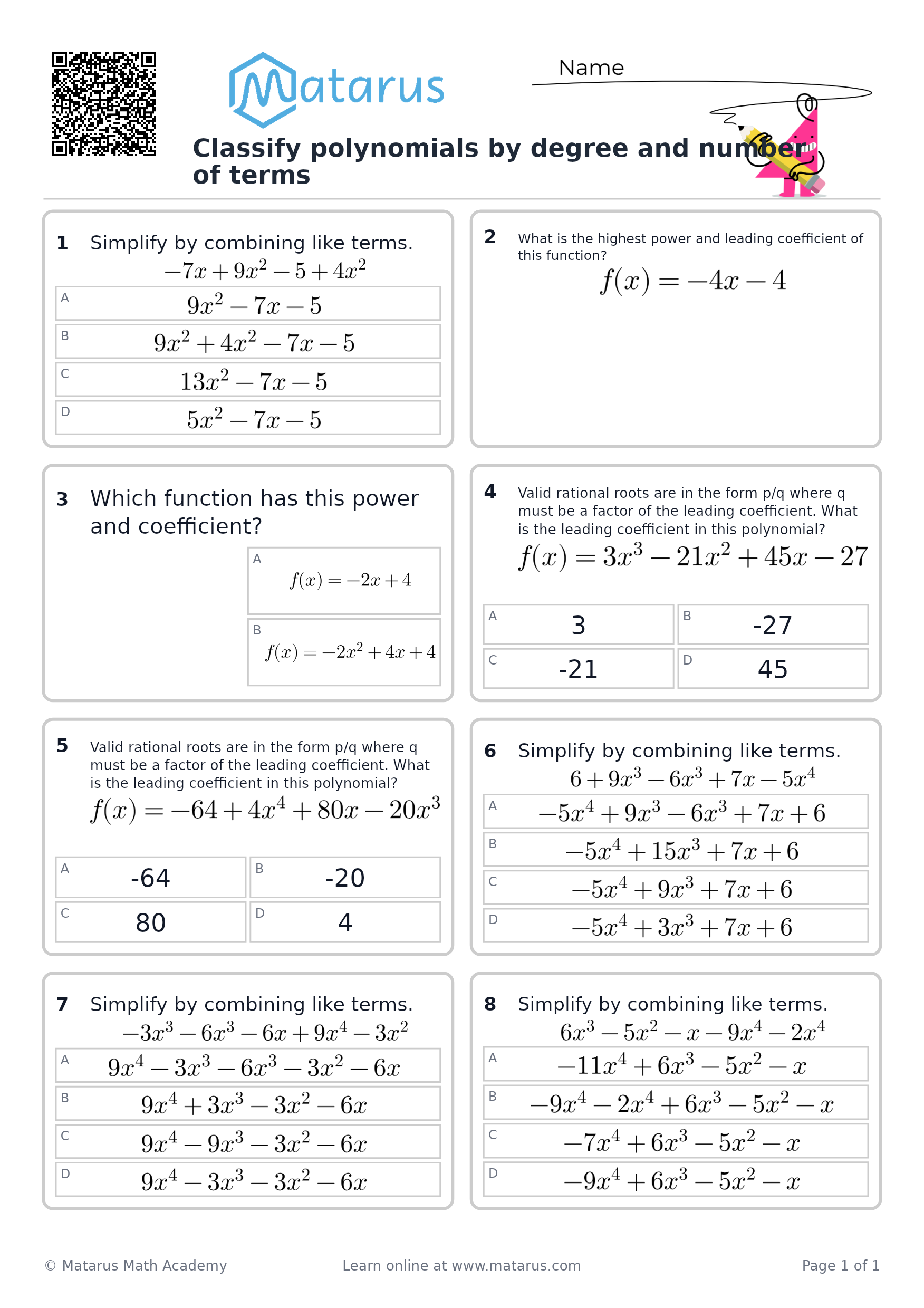 Free downloadable worksheet on grade 10 - Polynomial Operations