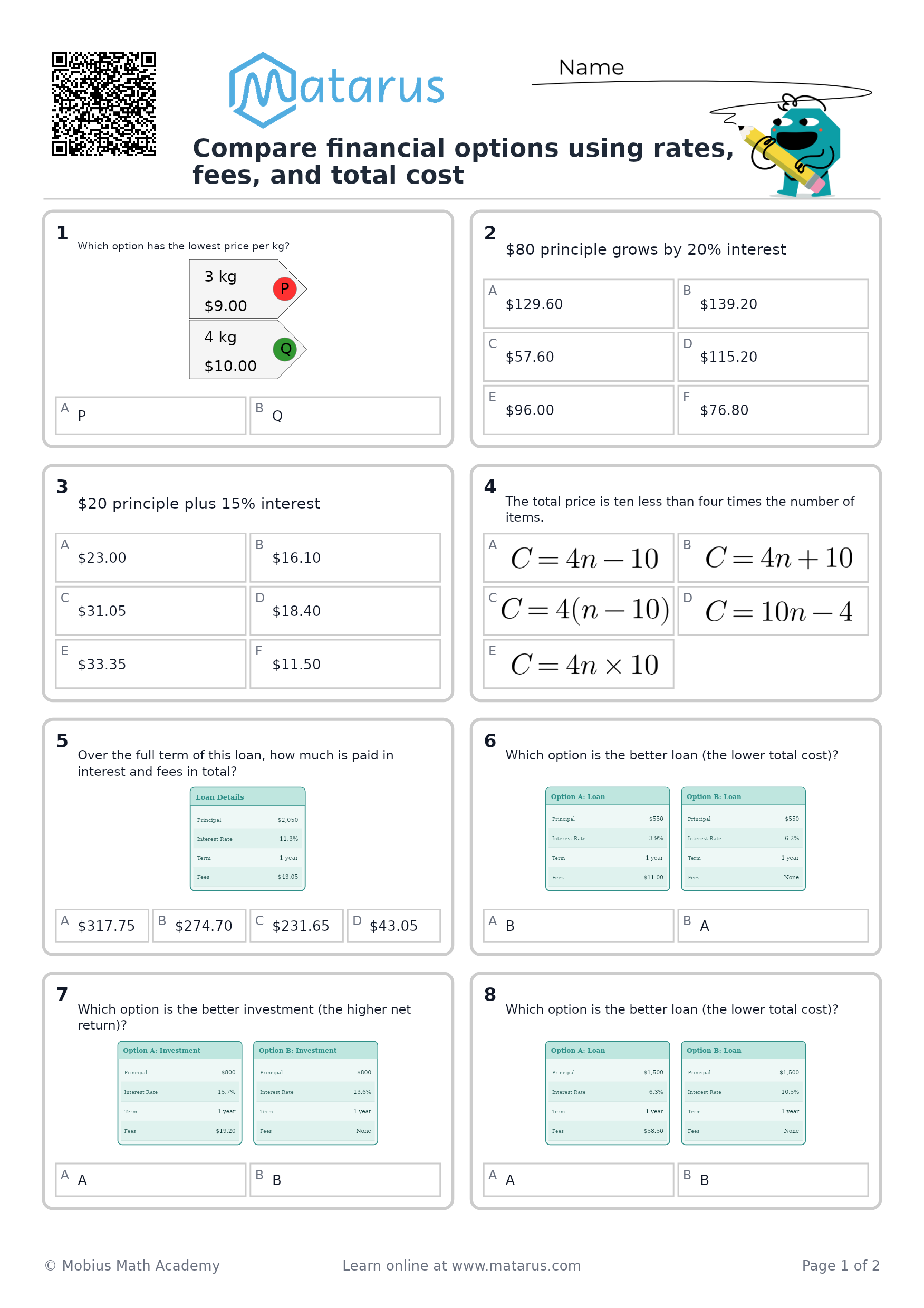 Free downloadable worksheet on grade 9 - Financial Literacy