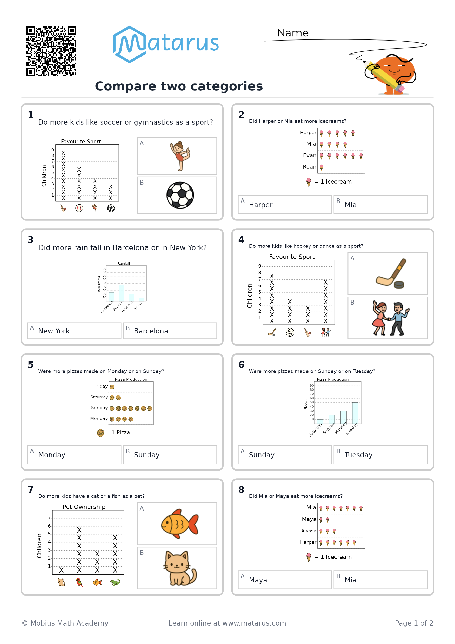 Free downloadable worksheet on grade 1 - Data and Probability