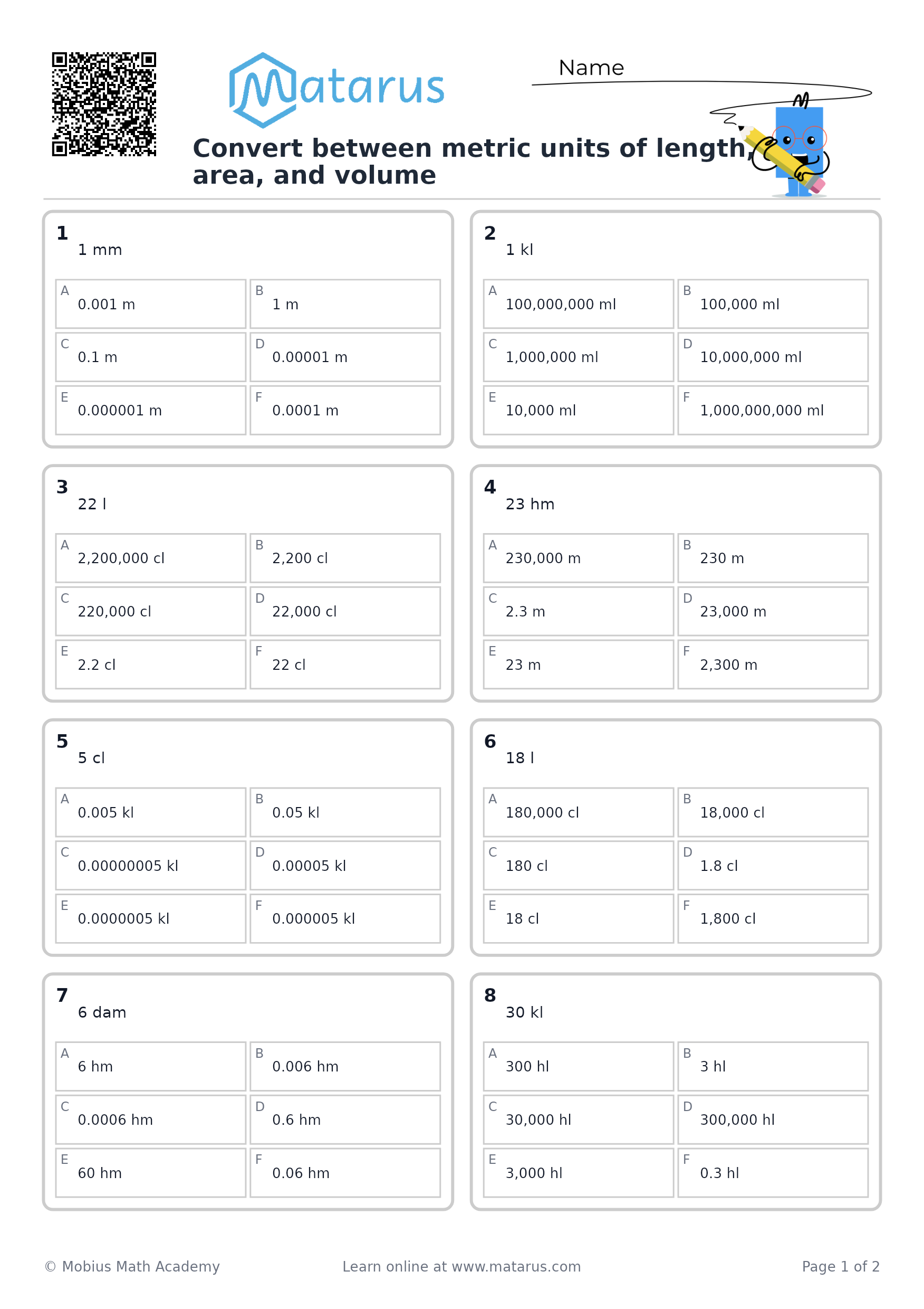 Free downloadable worksheet on grade 8 - Measurement