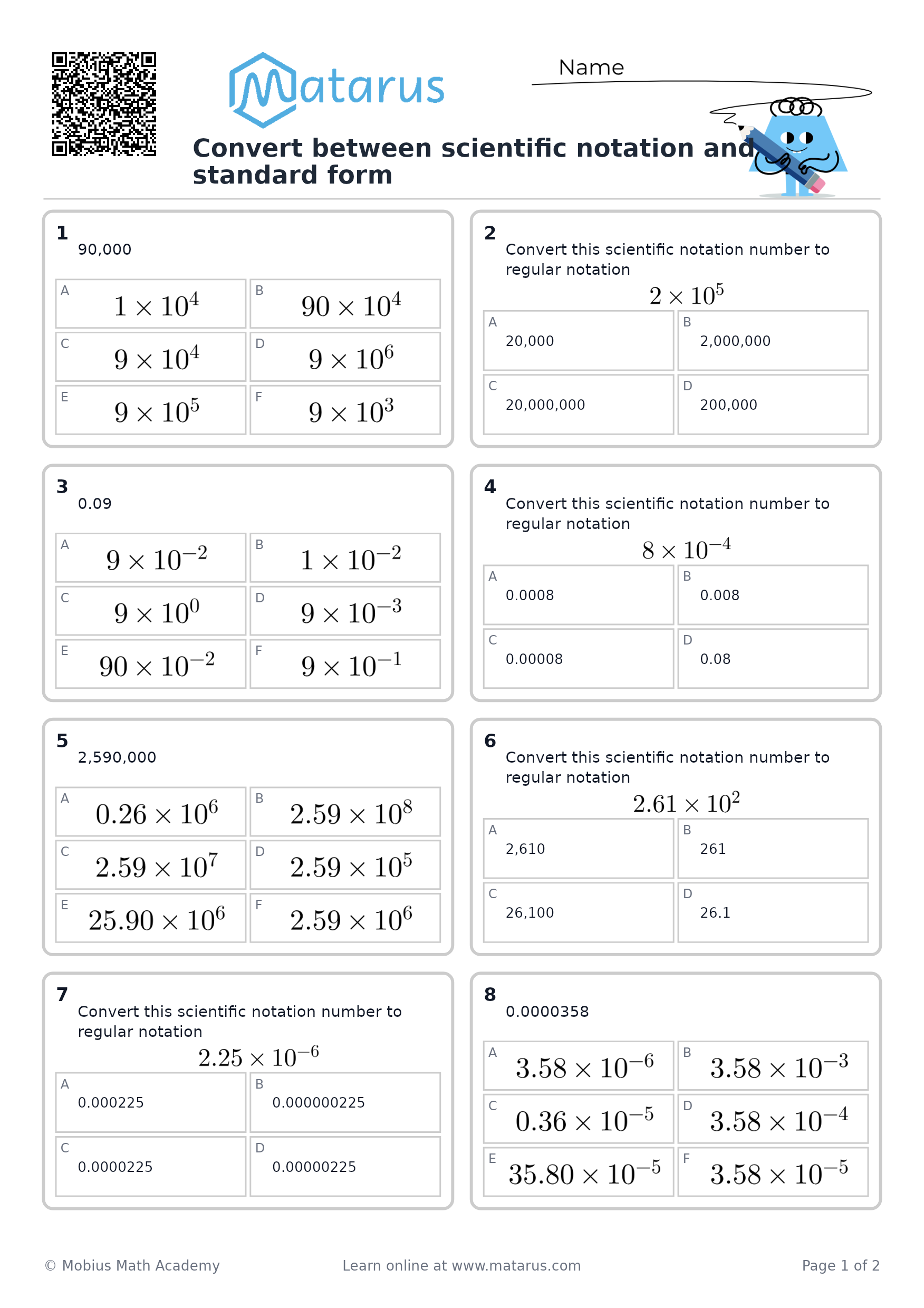 Free downloadable worksheet on grade 8 - Powers, Roots, and Scientific Notation