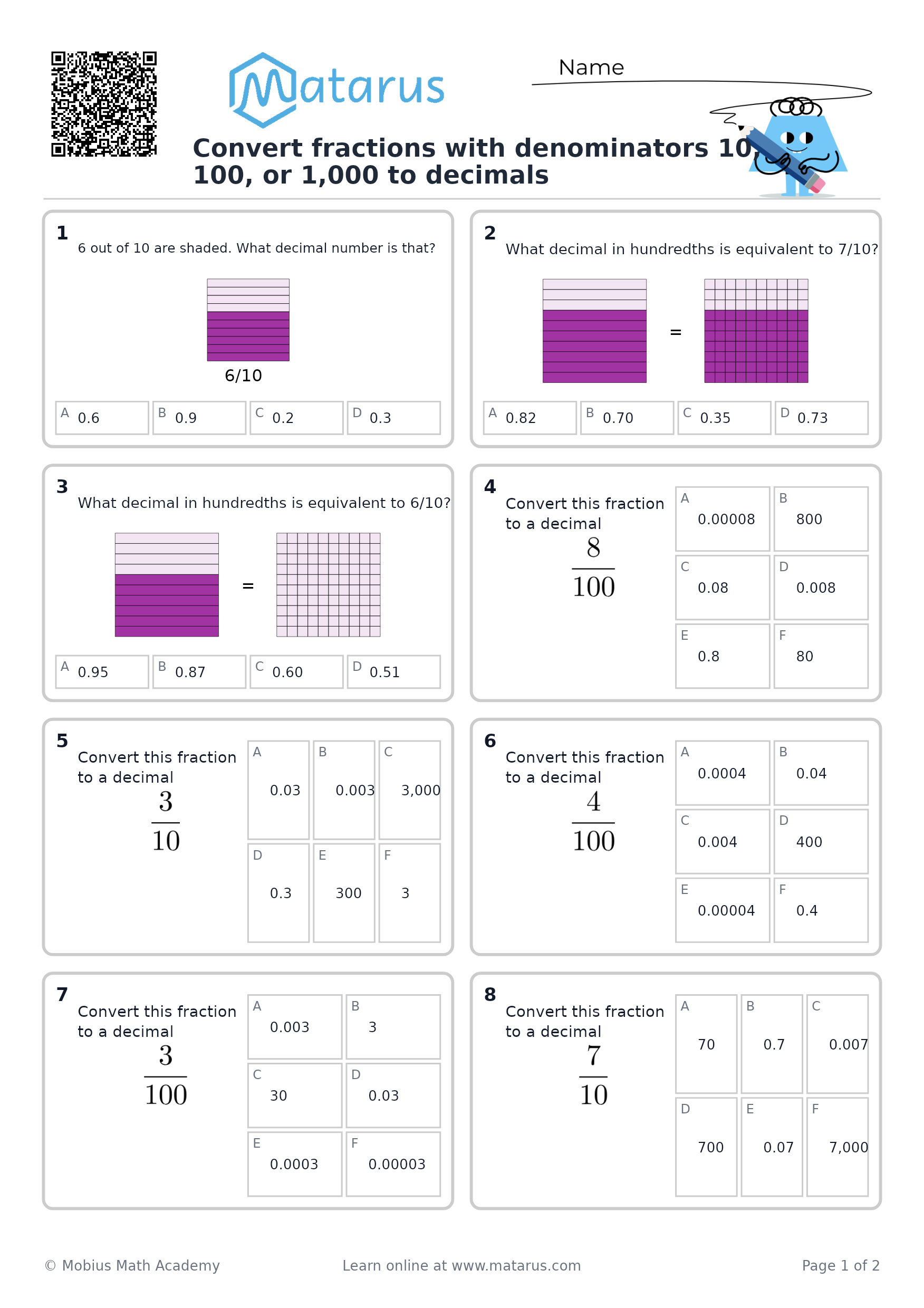 Free downloadable worksheet on grade 6 - Decimals