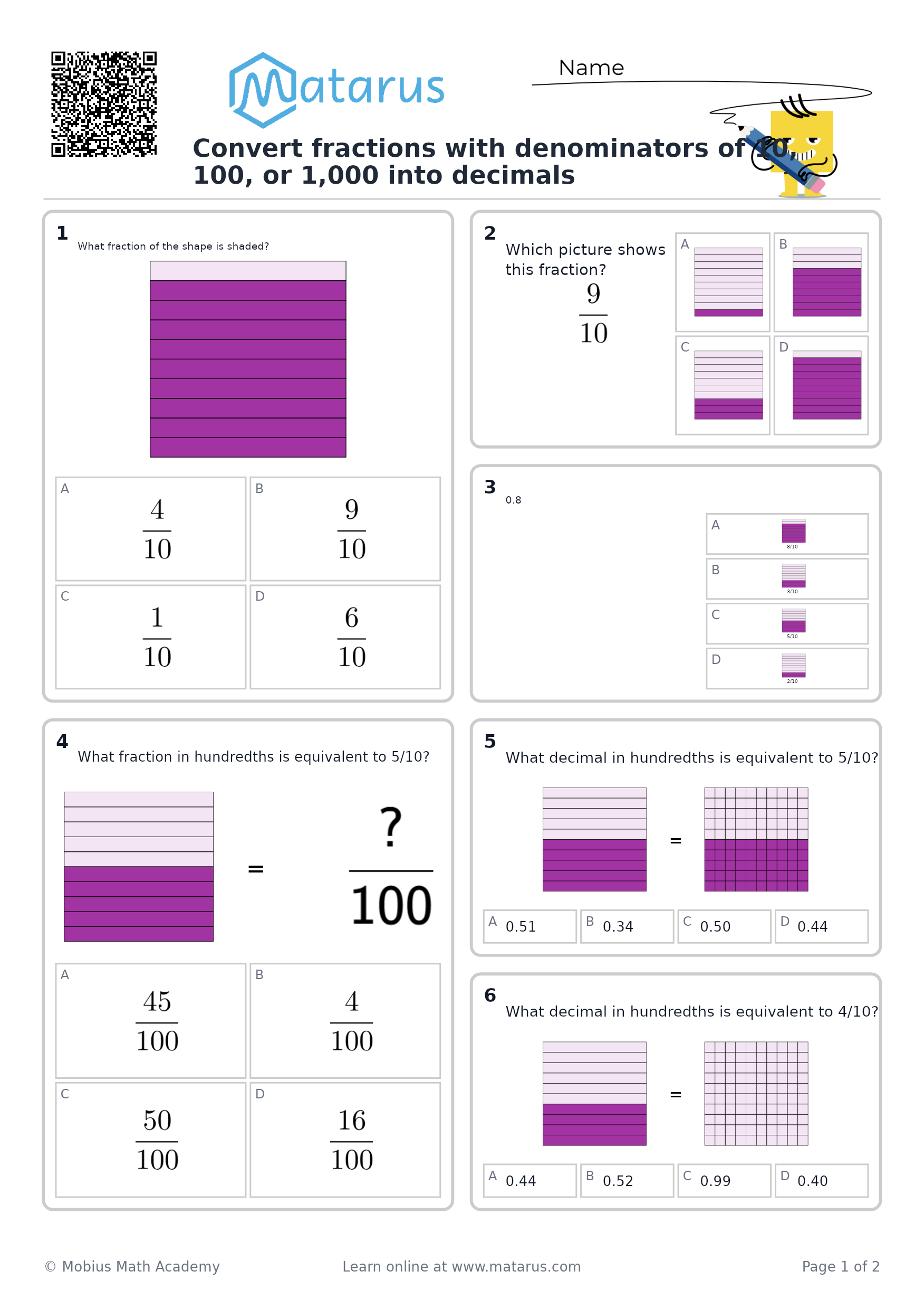 Free downloadable worksheet on grade 5 - Decimals