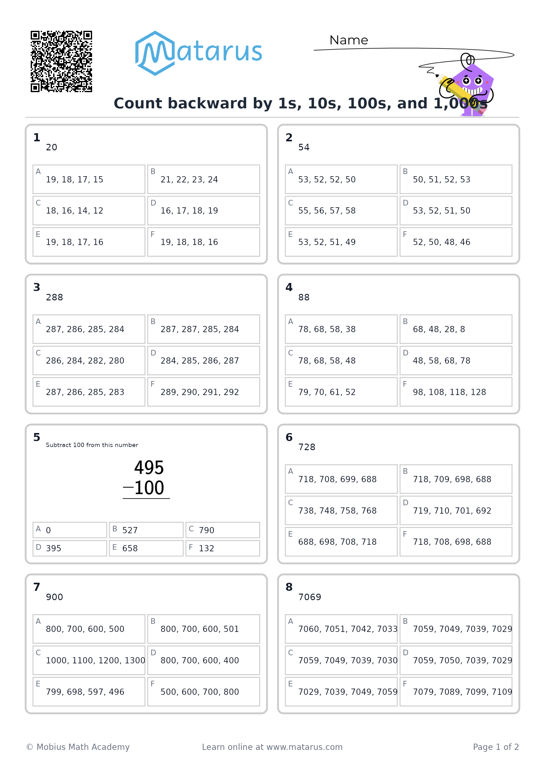 Free downloadable worksheet on grade 3 - Whole Numbers