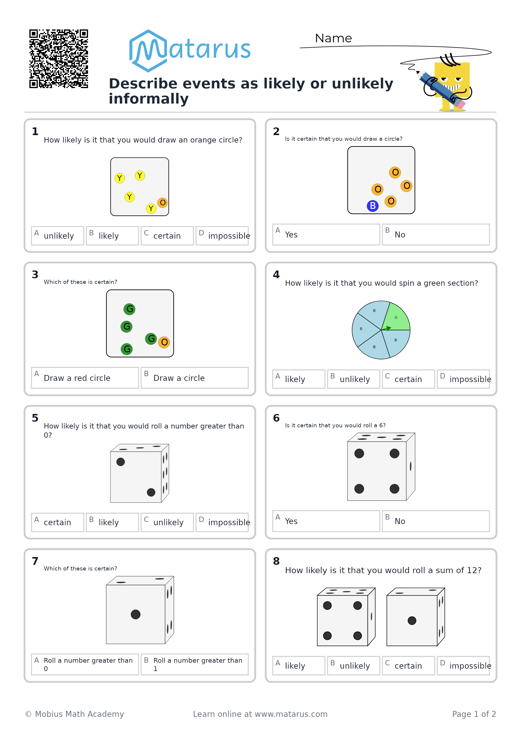 Free downloadable worksheet on grade 1 - Data and Probability