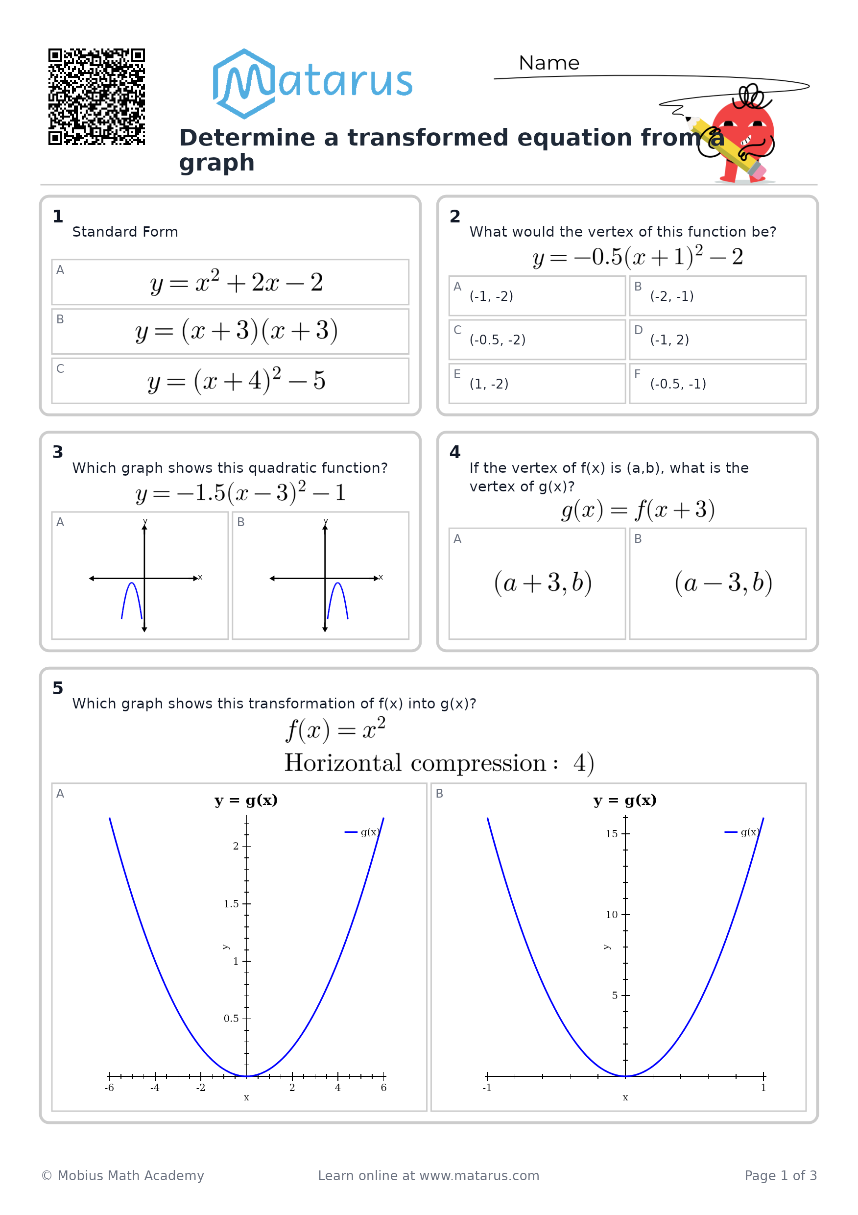 Free downloadable worksheet on grade 11 - Transformations of Functions