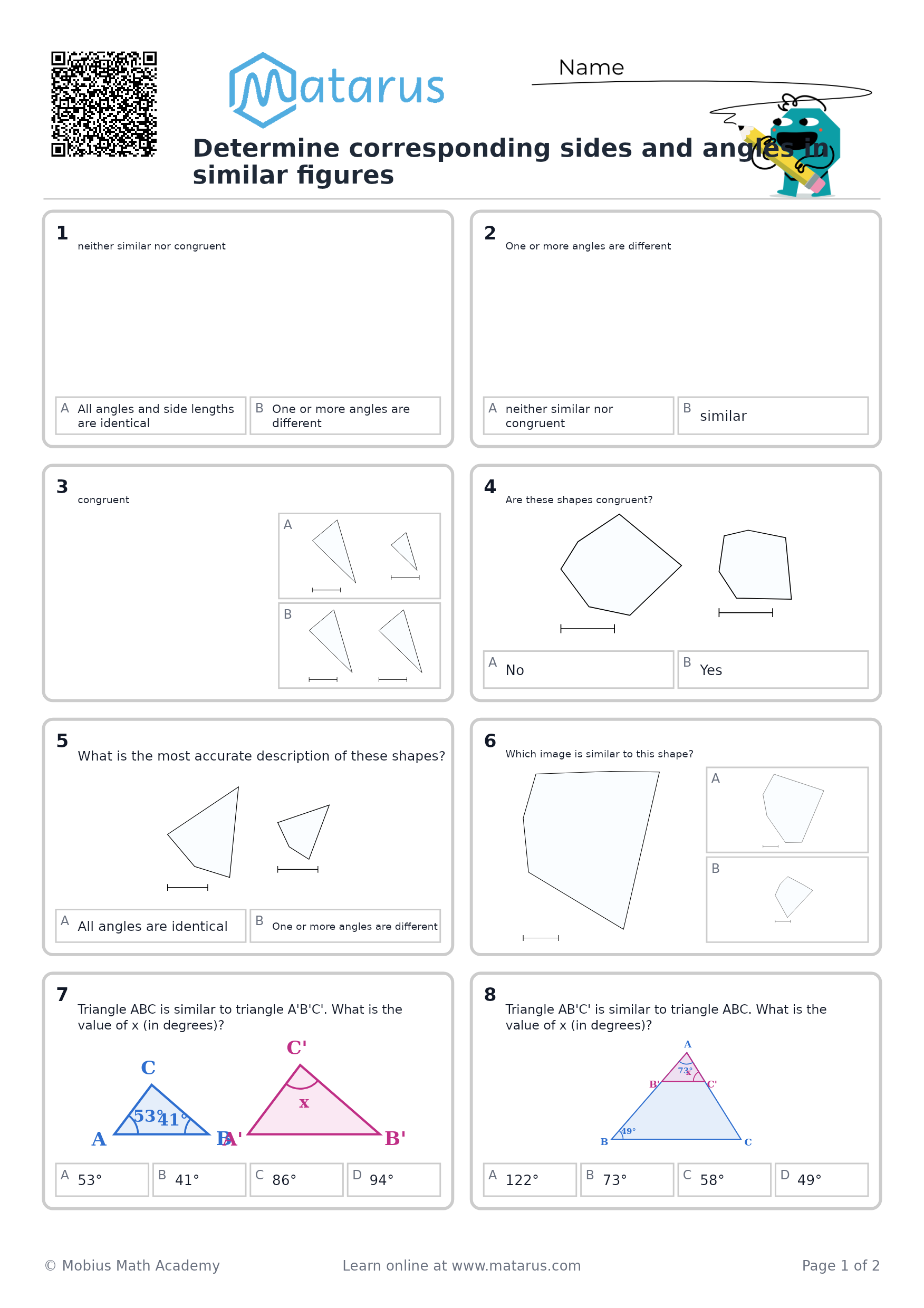 Free downloadable worksheet on grade 10 - Geometry and Similarity