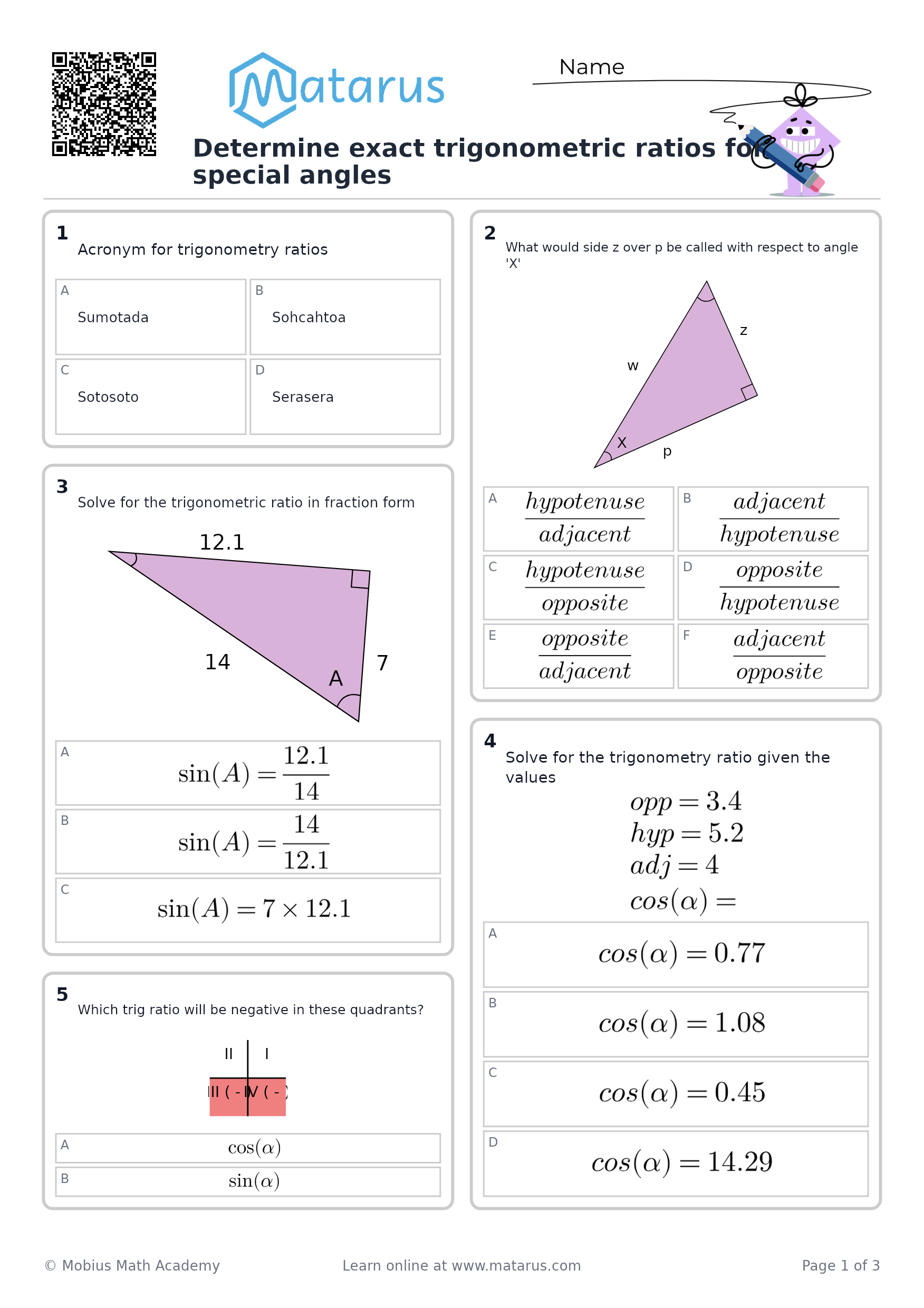 Free downloadable worksheet on grade 11 - Trigonometric Functions