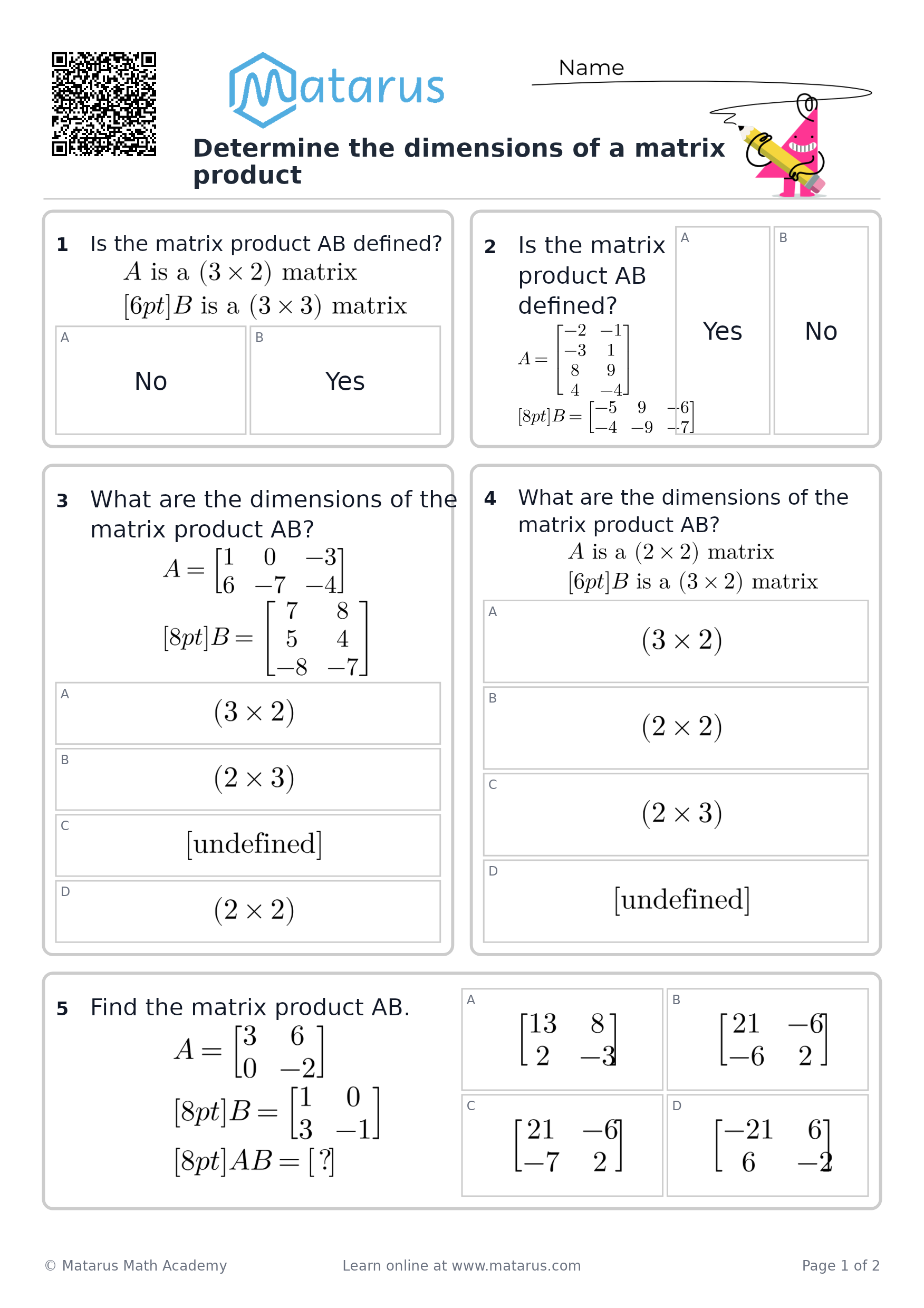 Free downloadable worksheet on grade 12 - Matrices