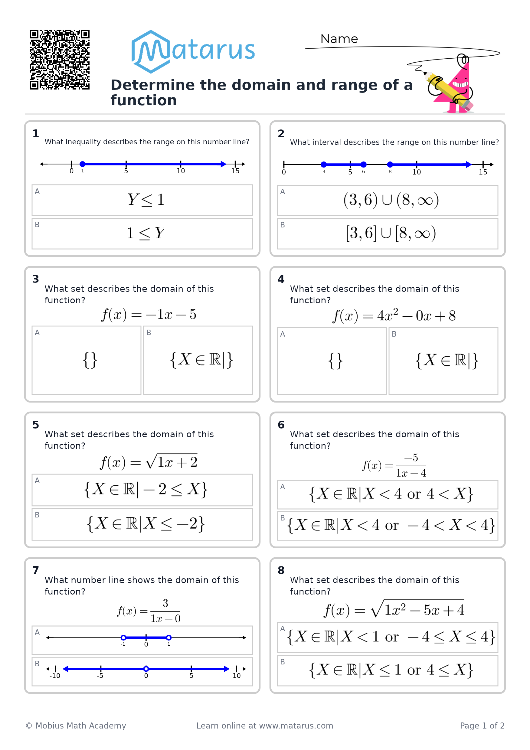 Free downloadable worksheet on grade 12 - Function Characteristics