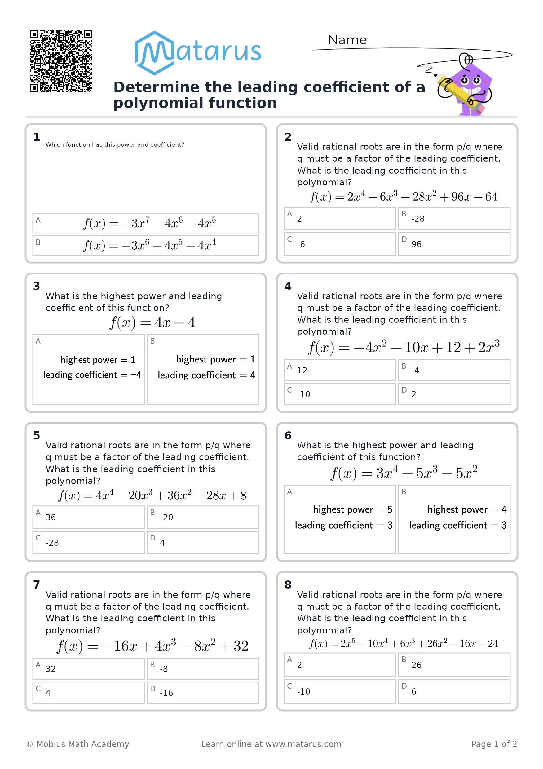 Free downloadable worksheet on grade 11 - Polynomial Functions
