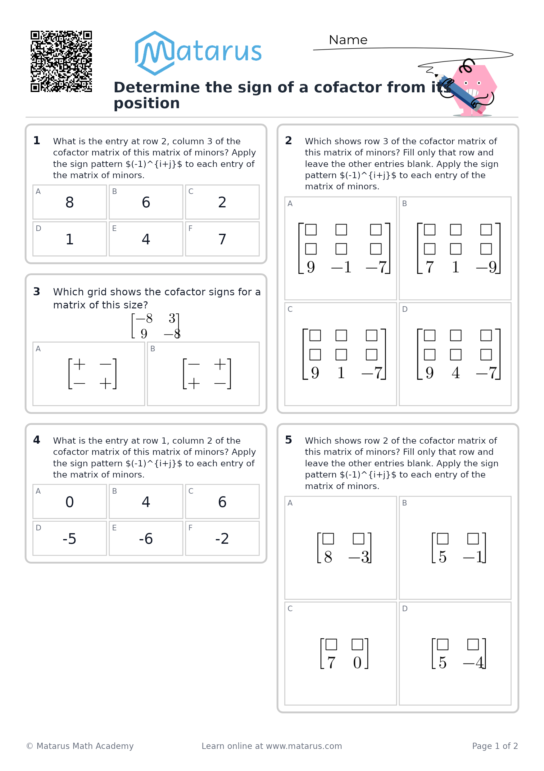 Free downloadable worksheet on grade 12 - Matrices