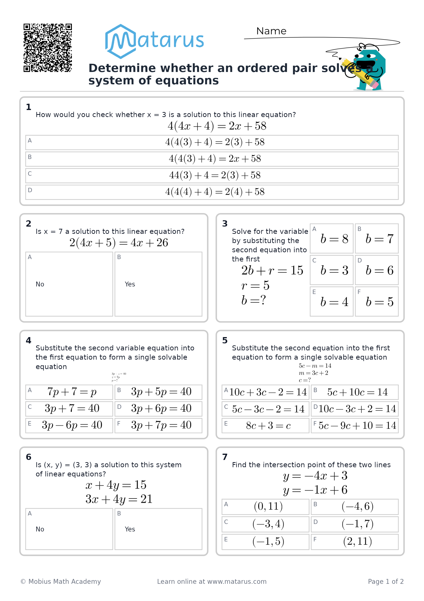 Free downloadable worksheet on grade 9 - Systems of Linear Equations