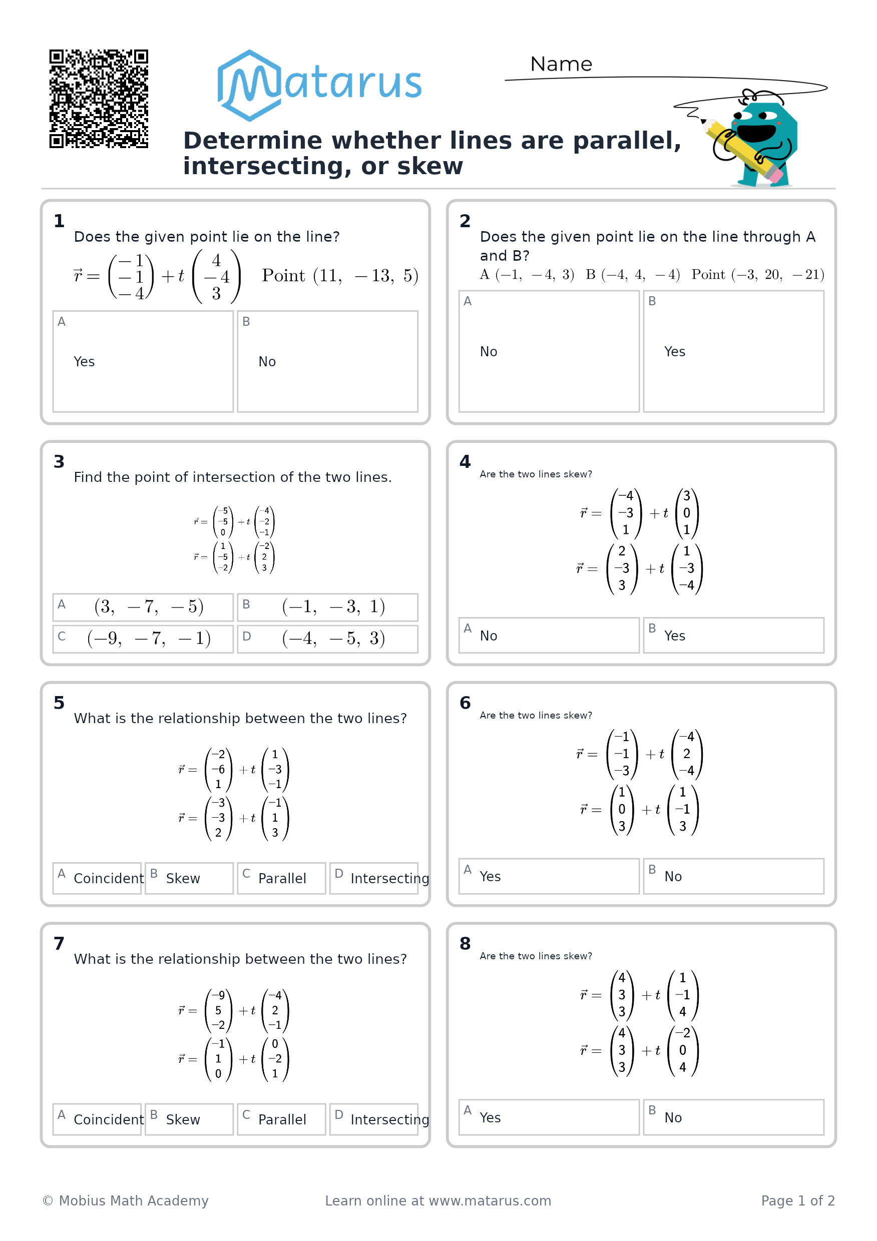 Free downloadable worksheet on grade 12 - Lines and Planes
