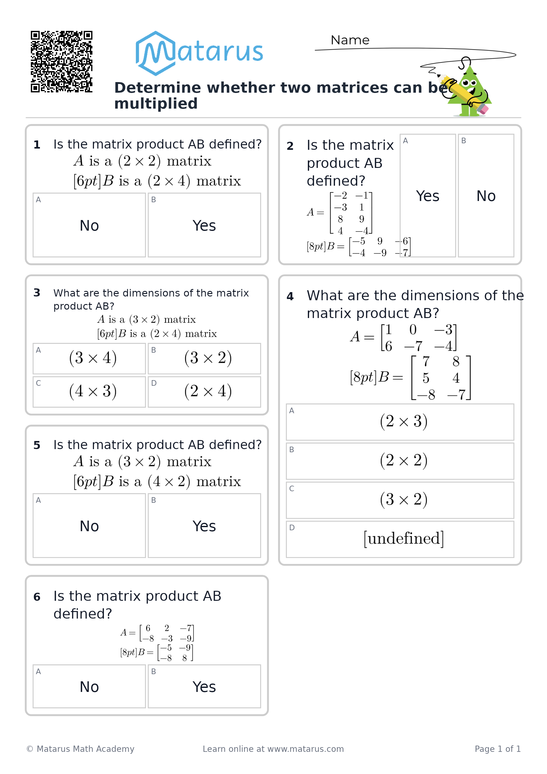 Free downloadable worksheet on grade 12 - Matrices