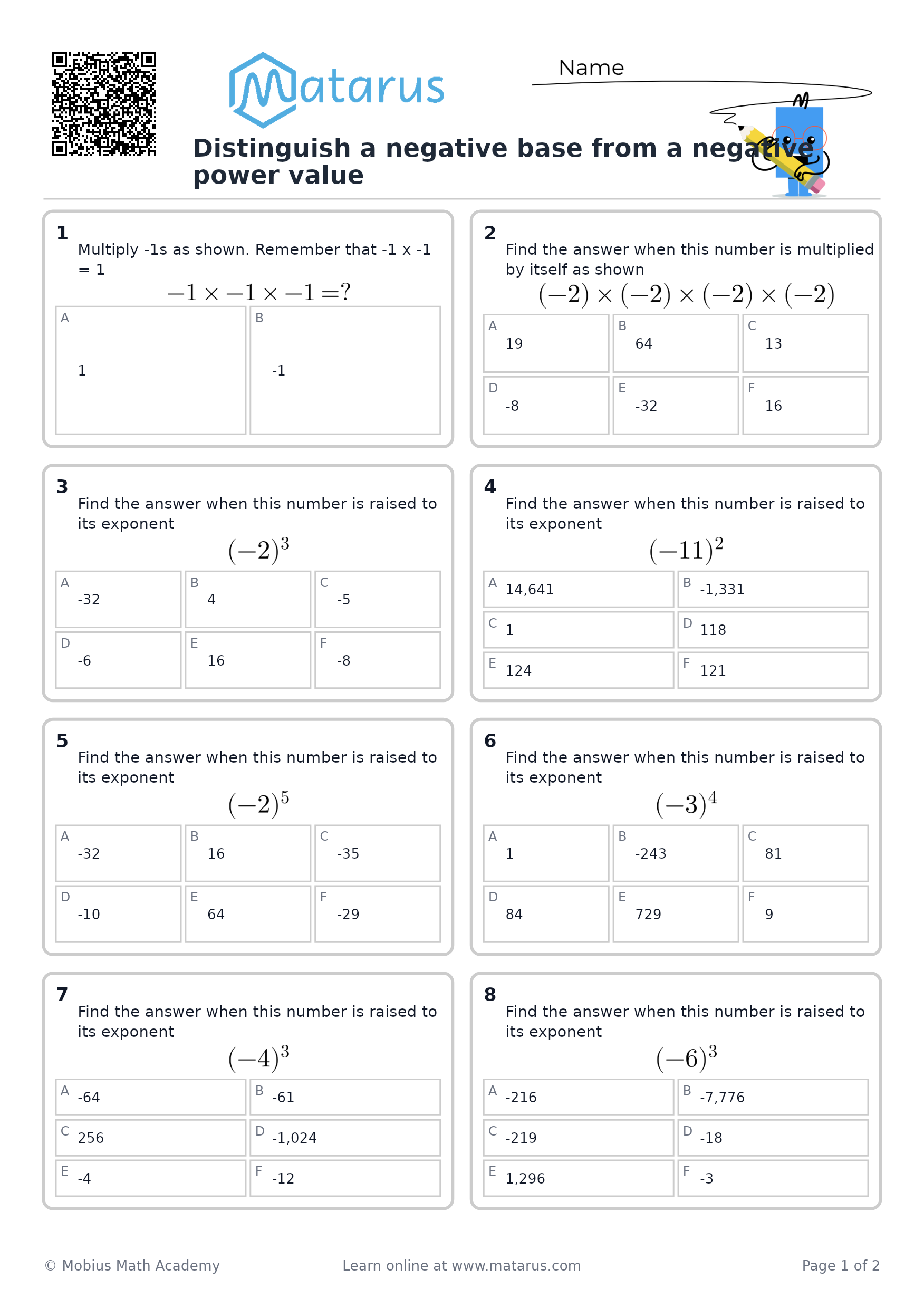 Free downloadable worksheet on grade 7 - Powers and Number Properties