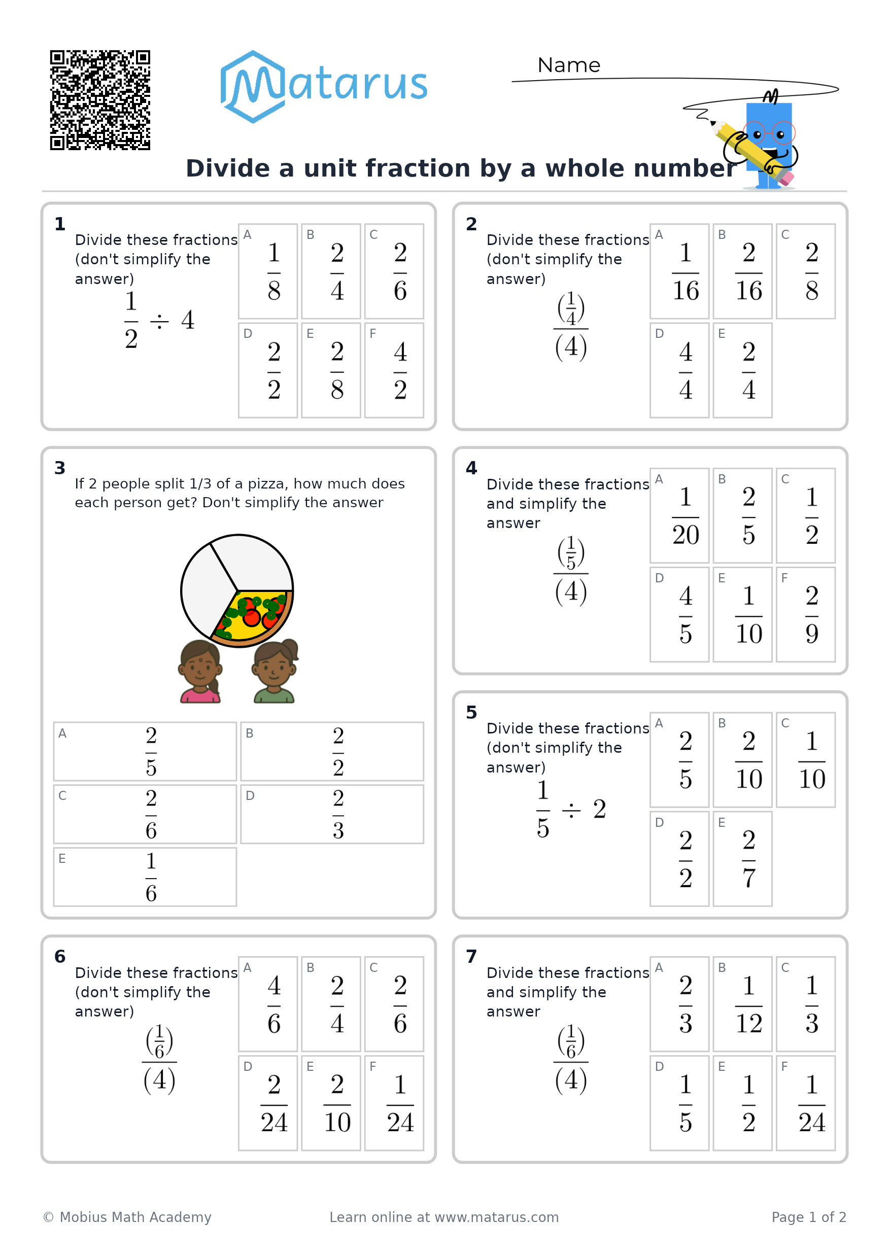 Free downloadable worksheet on grade 6 - Fractions