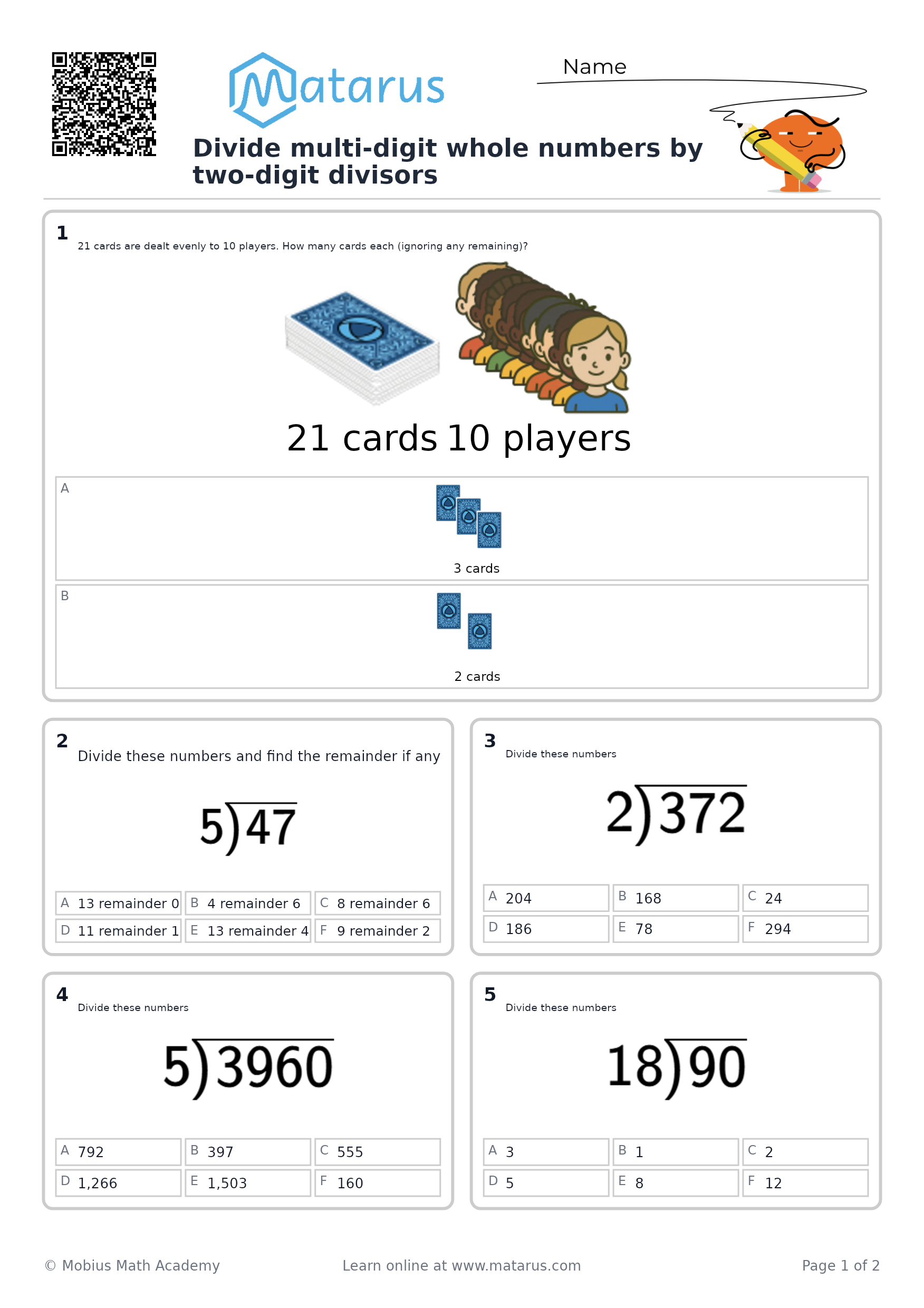 Free downloadable worksheet on grade 6 - Whole Numbers and Operations