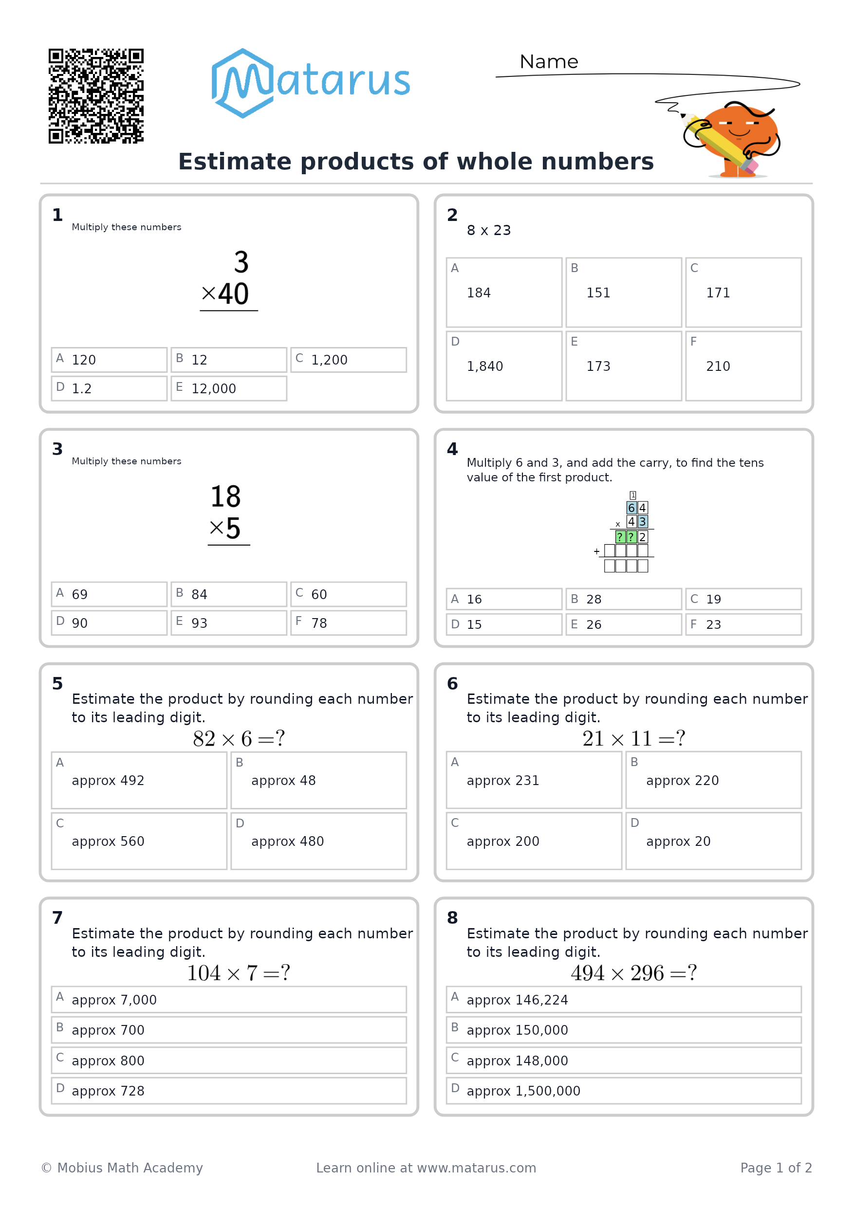 Free downloadable worksheet on grade 6 - Whole Numbers and Operations
