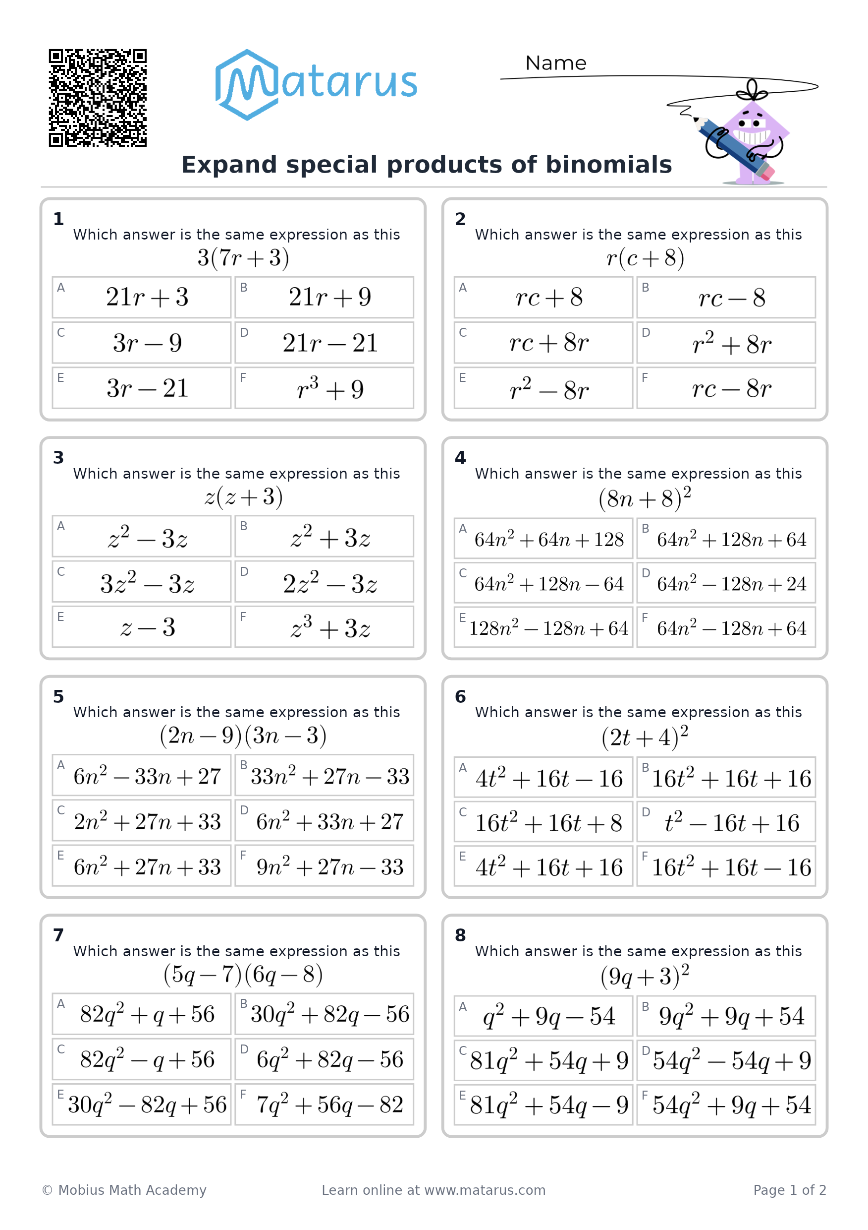 Free downloadable worksheet on grade 10 - Polynomial Operations