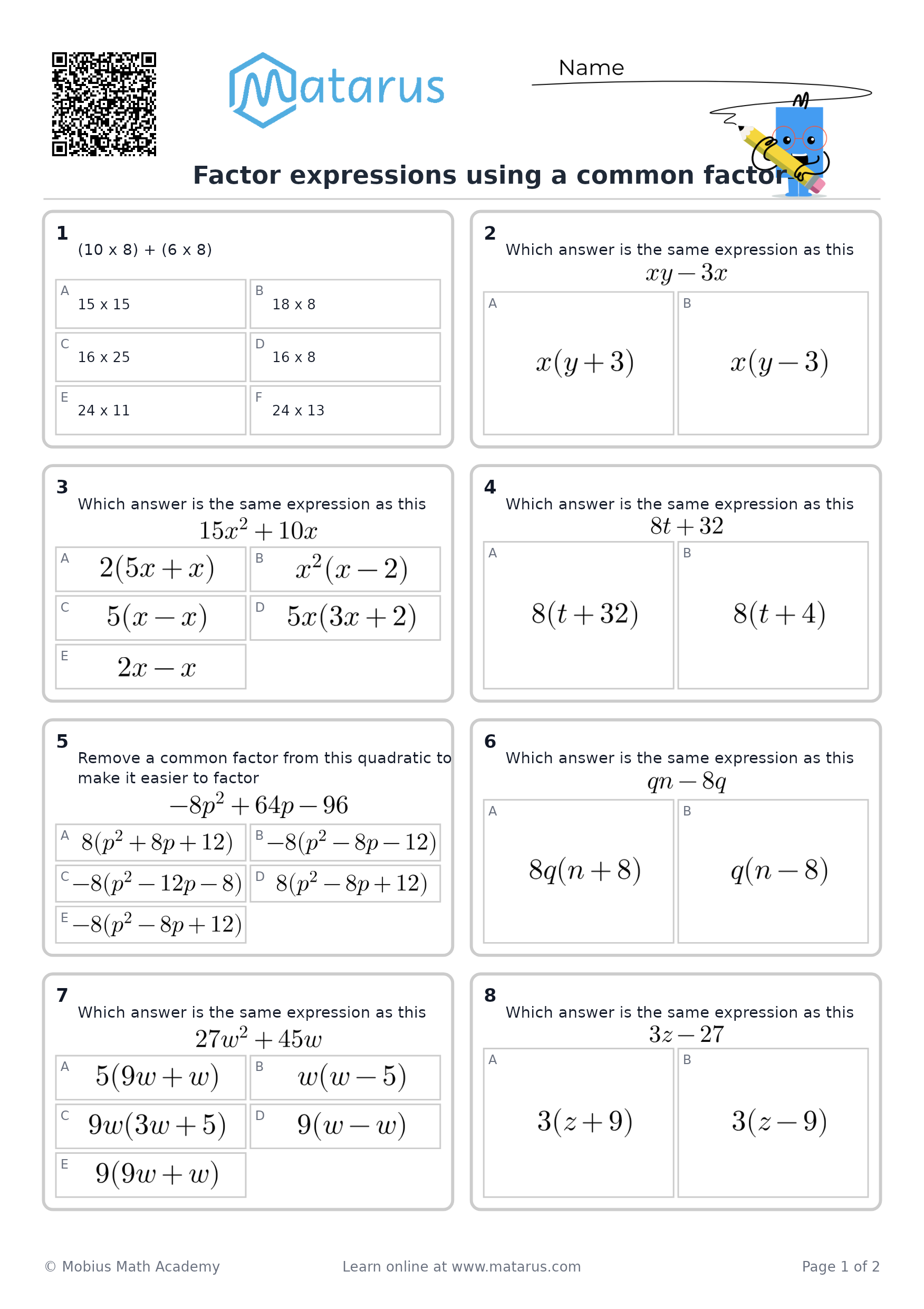 Free downloadable worksheet on grade 6 - Algebraic Expressions and Equations
