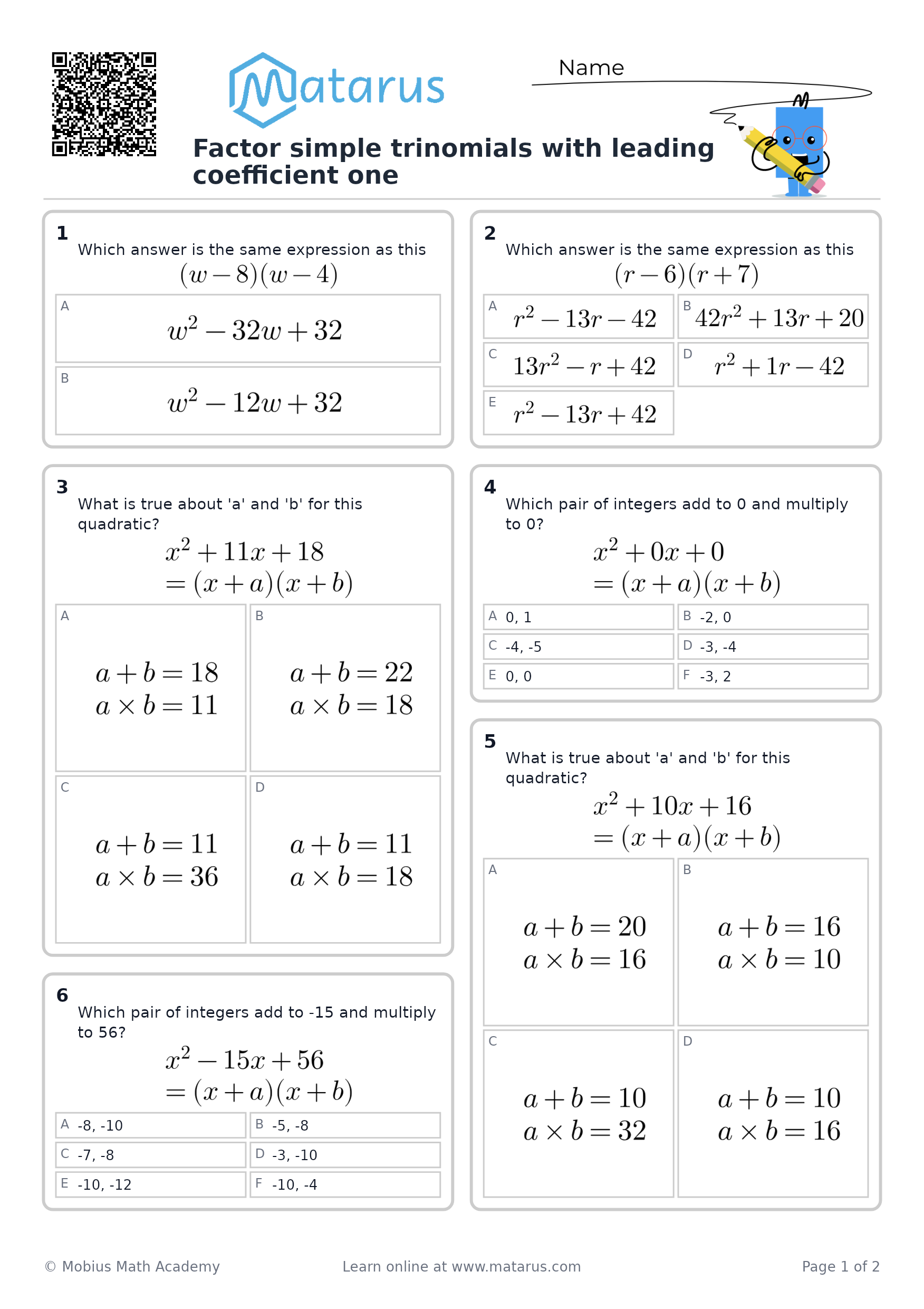 Free downloadable worksheet on grade 10 - Factoring and Algebraic Expressions