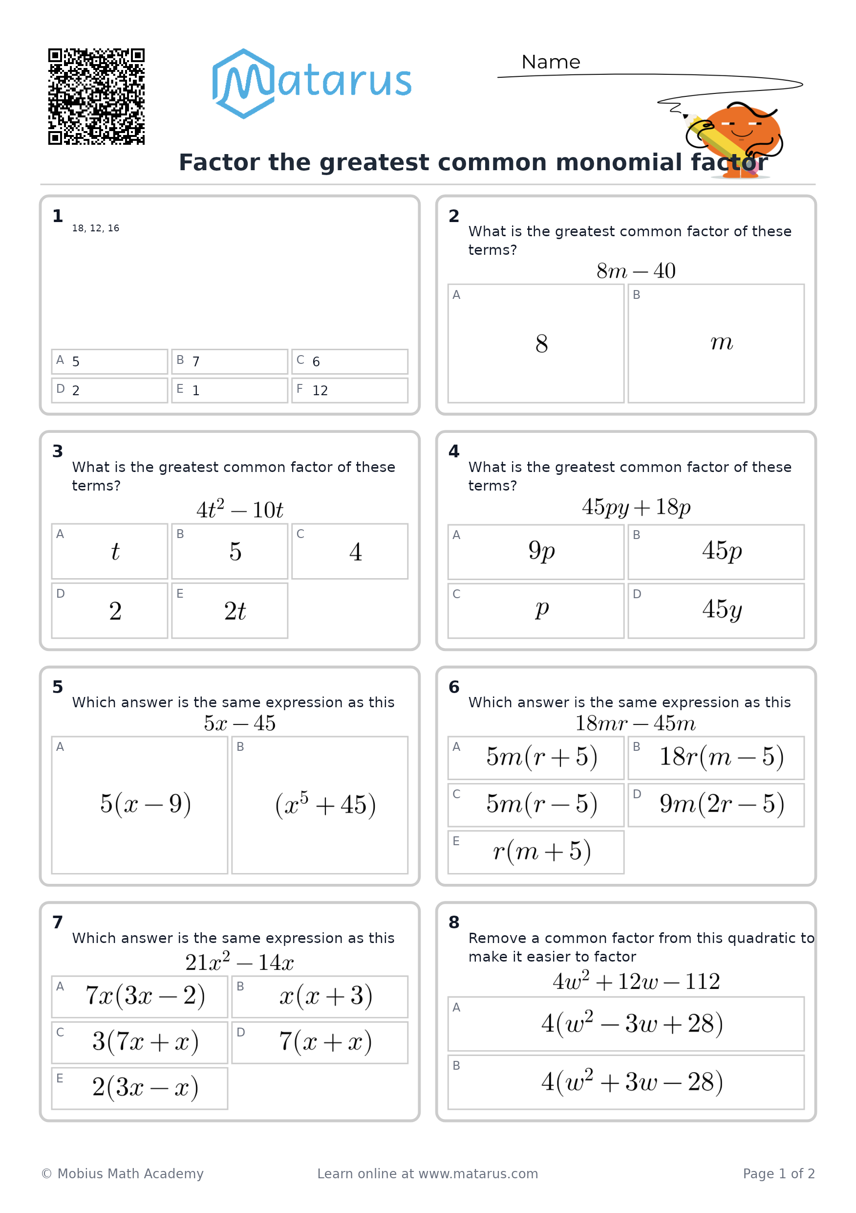 Free downloadable worksheet on grade 10 - Factoring and Algebraic Expressions