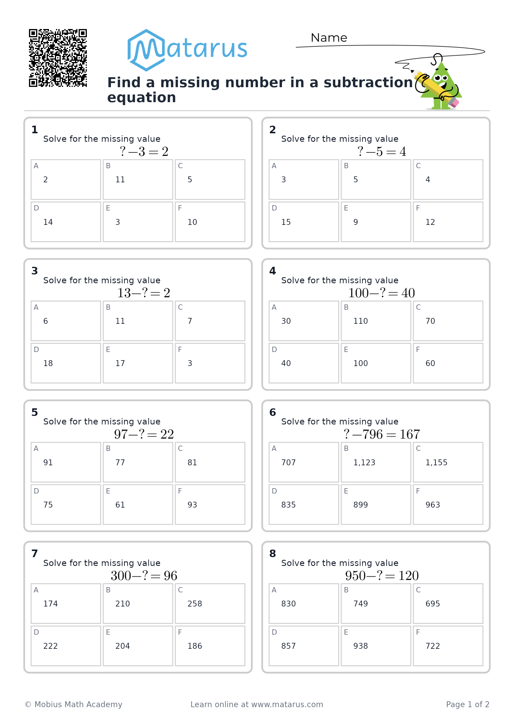 Free downloadable worksheet on grade 3 - Addition and Subtraction