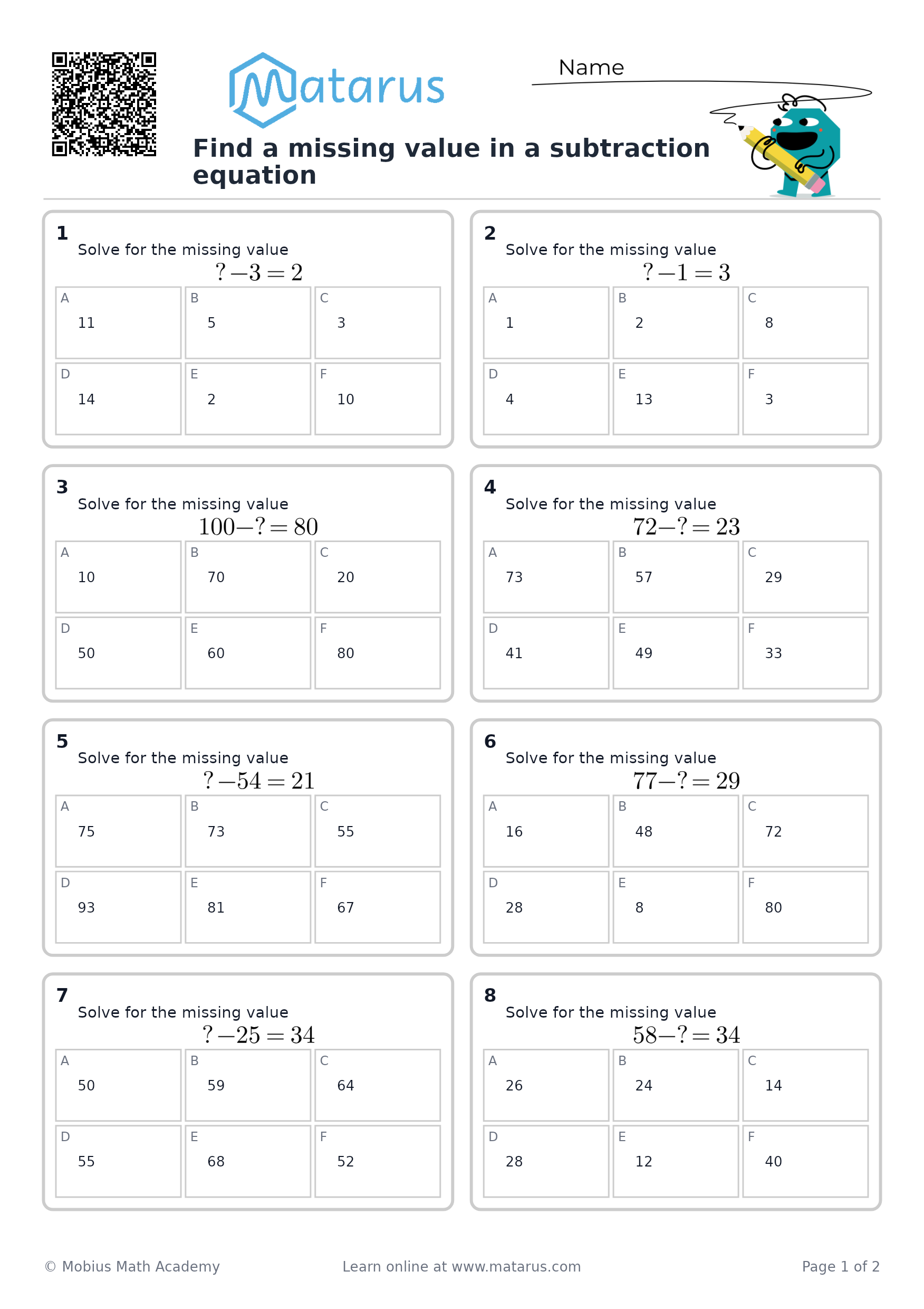 Free downloadable worksheet on grade 2 - Addition and Subtraction