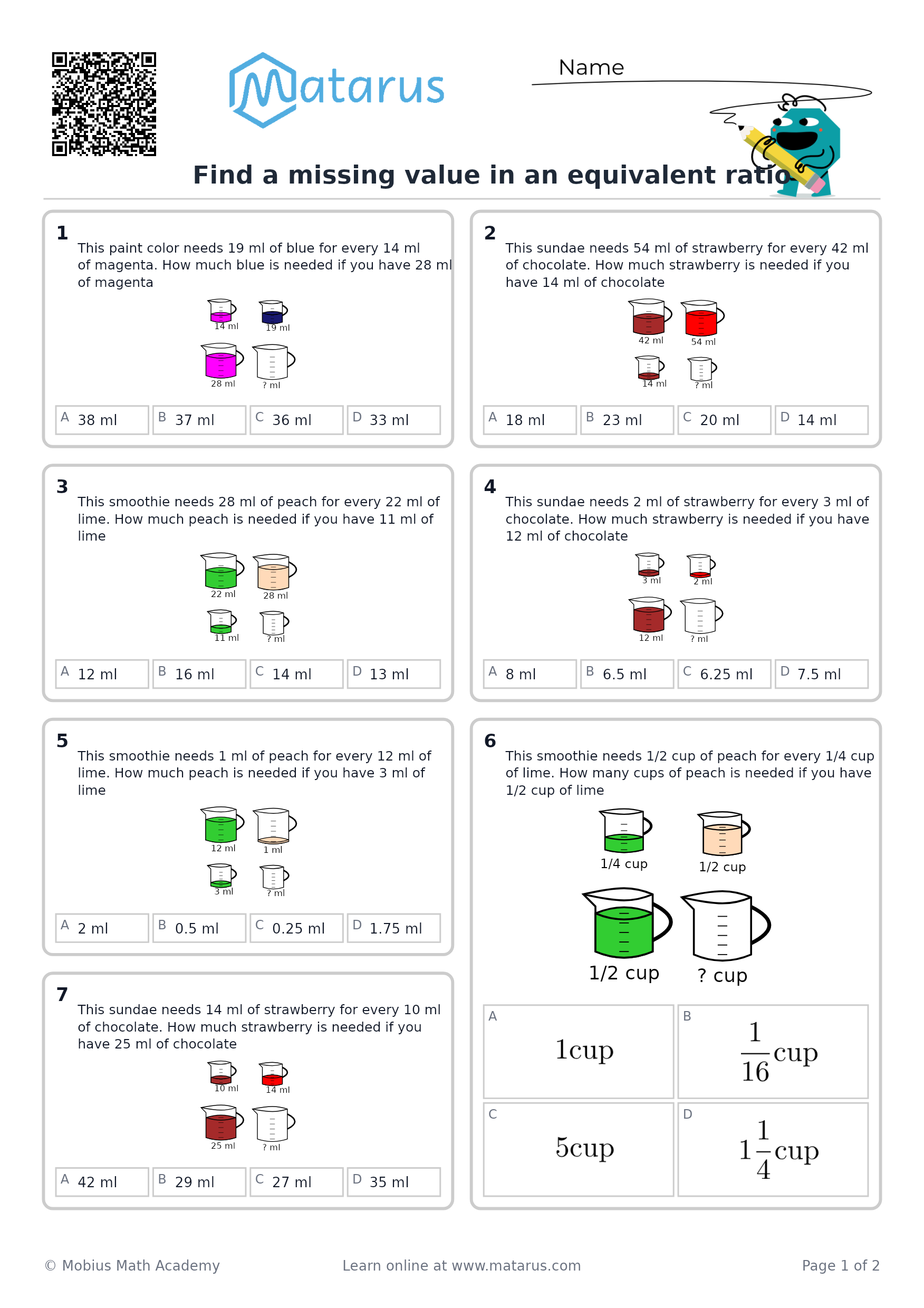 Free downloadable worksheet on grade 6 - Ratios, Rates, and Percent