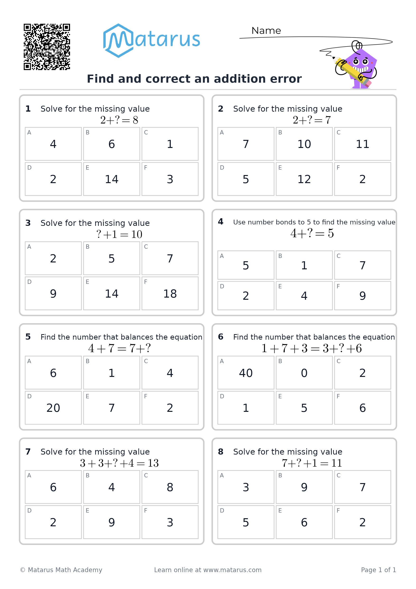 Free downloadable worksheet on grade 1 - Mathematical Reasoning