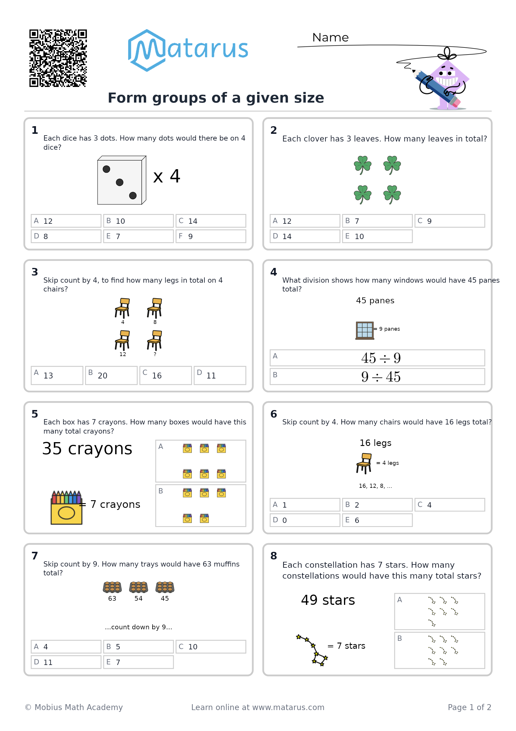 Free downloadable worksheet on grade 1 - Equal Groups Foundations