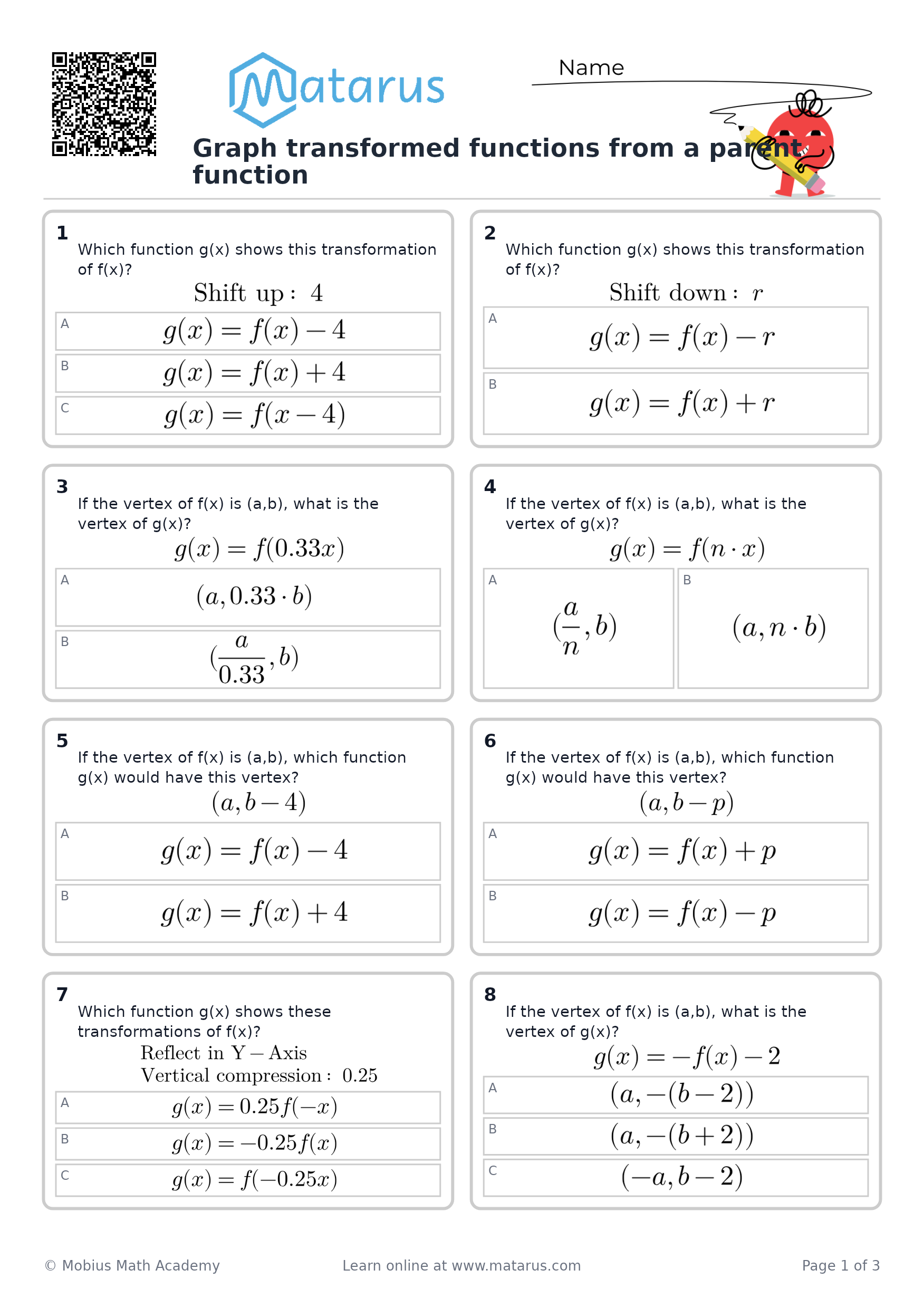 Free downloadable worksheet on grade 11 - Transformations of Functions