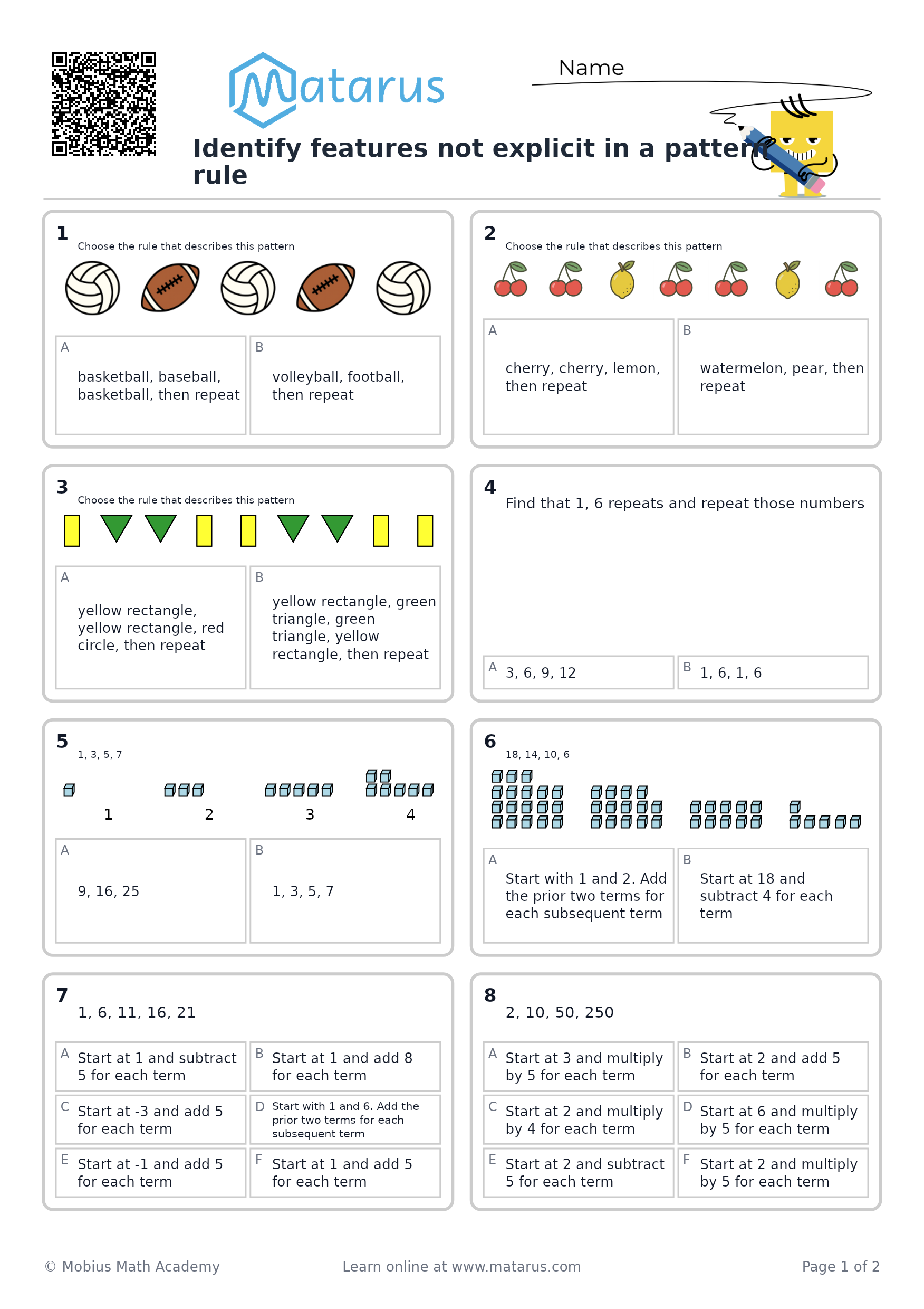 Free downloadable worksheet on grade 4 - Patterns and Early Algebra