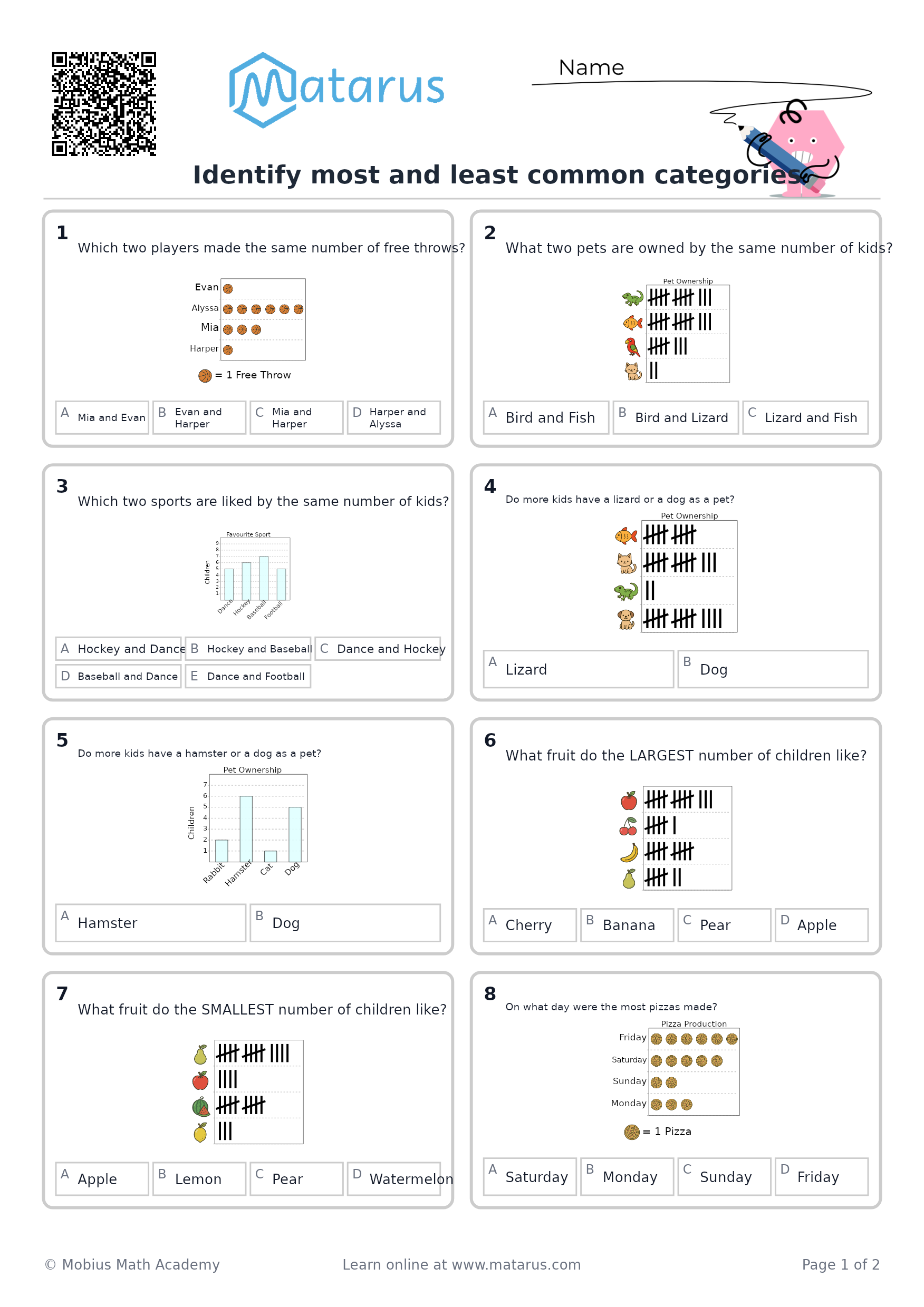 Free downloadable worksheet on grade 1 - Data and Probability
