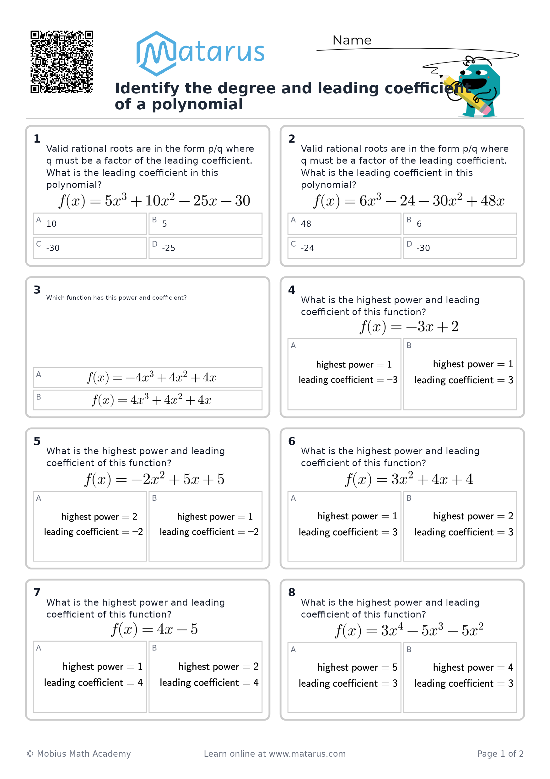 Free downloadable worksheet on grade 10 - Polynomial Operations