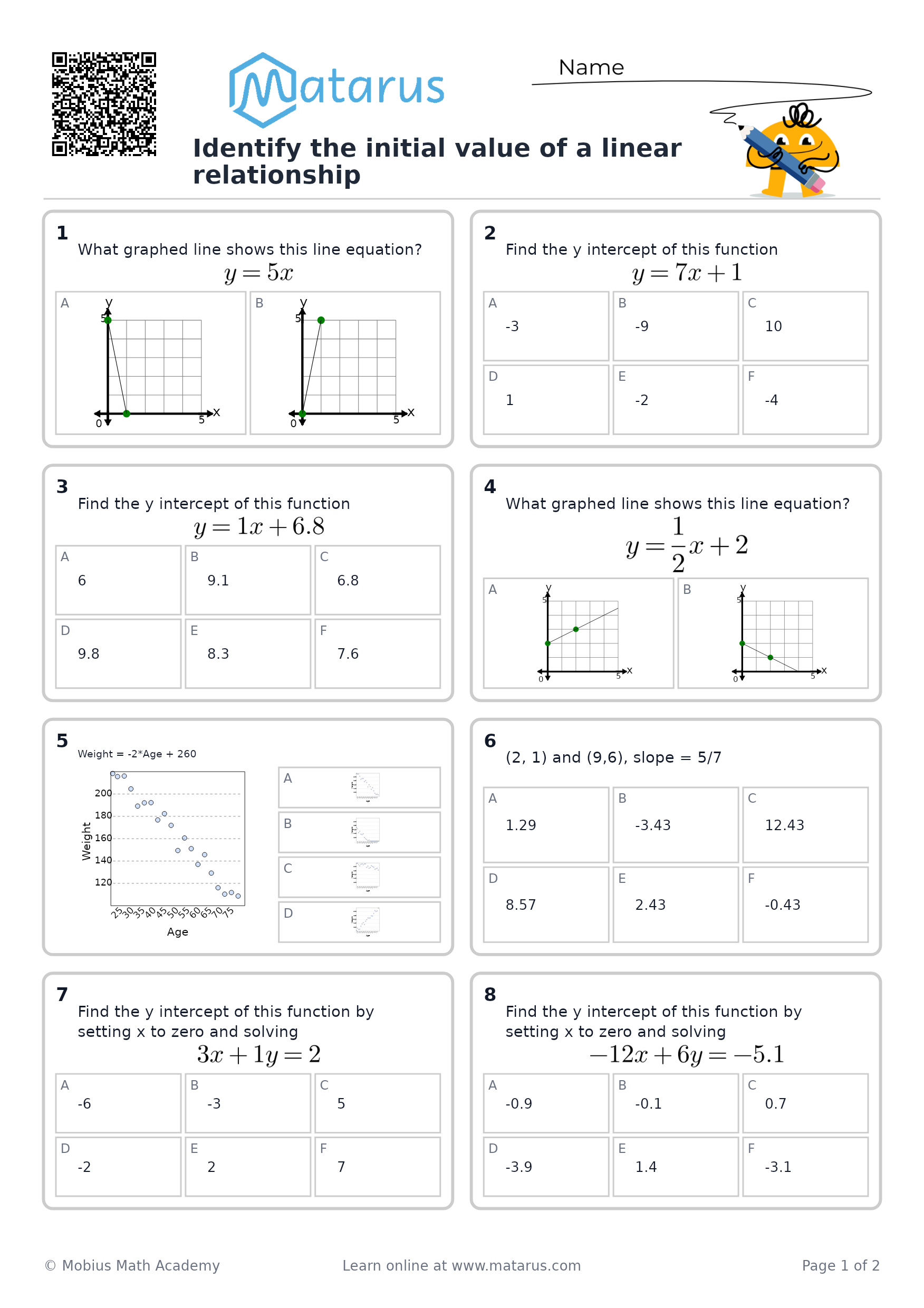 Free downloadable worksheet on grade 8 - Linear Relationships