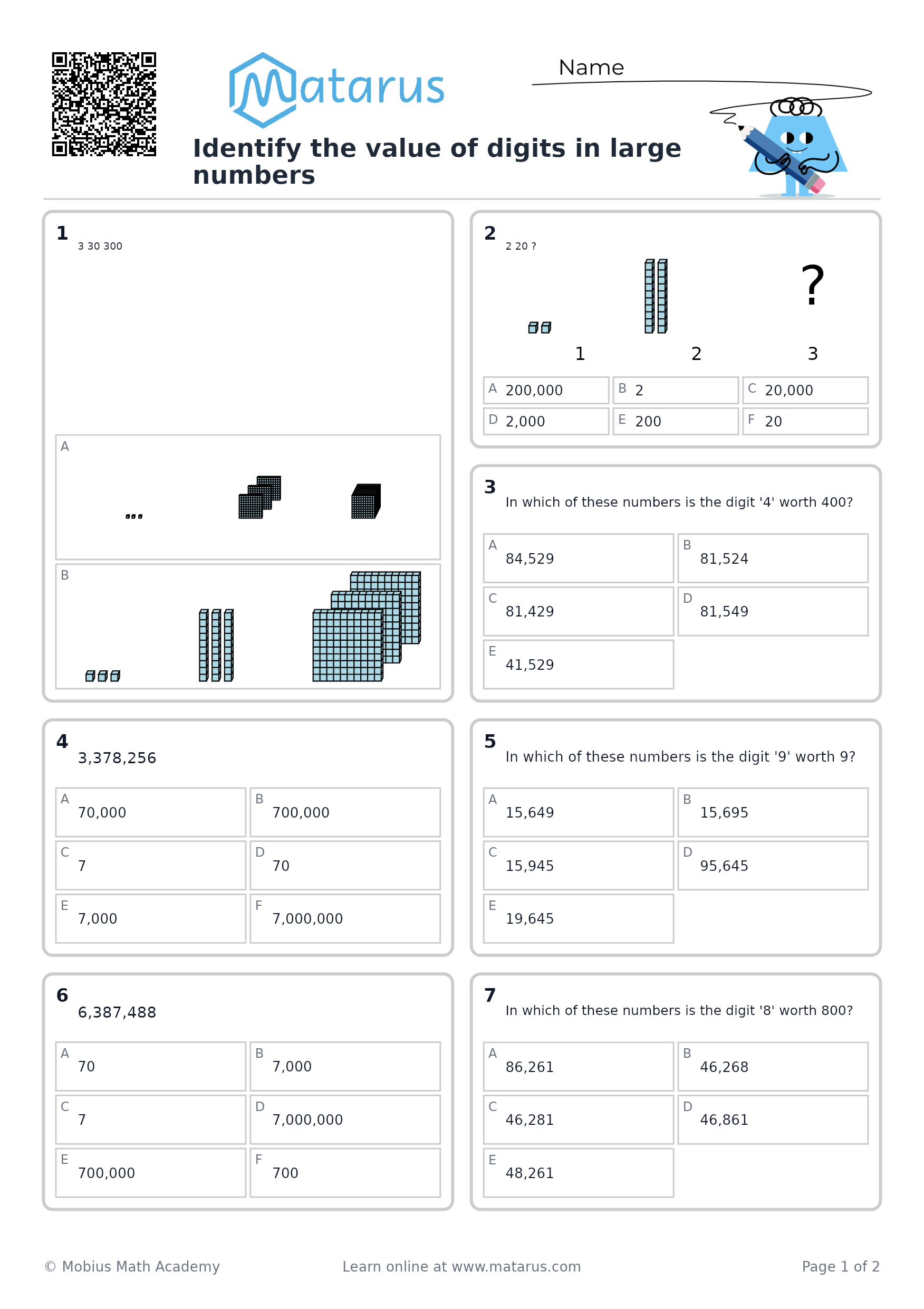 Free downloadable worksheet on grade 6 - Whole Numbers and Operations